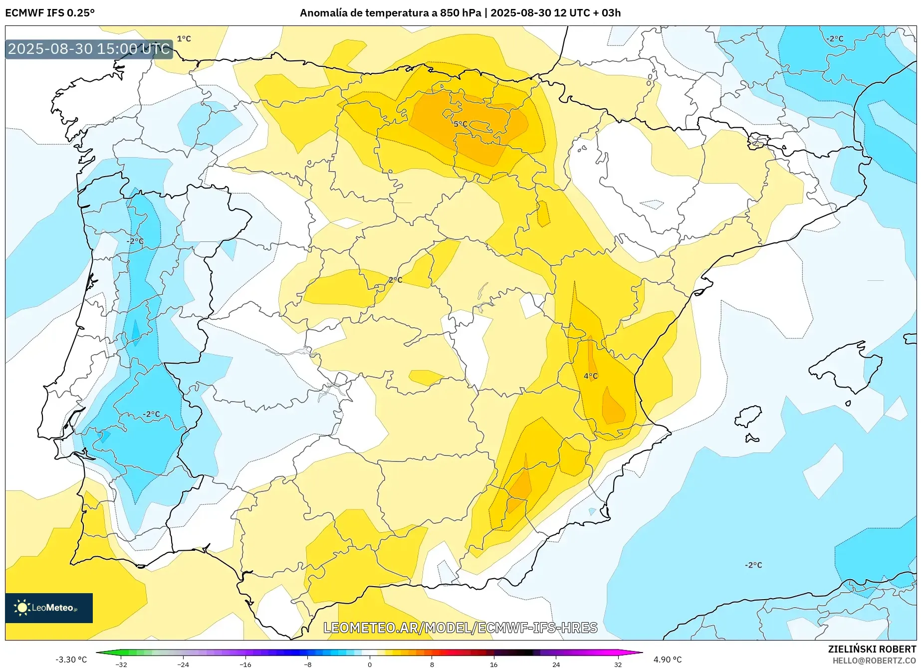 ECMWF IFS 0.25° model - España, Anomalía de temperatura a 850 hPa ECMWF IFS 0.25° model - España, Anomalía de temperatura a 850 hPa