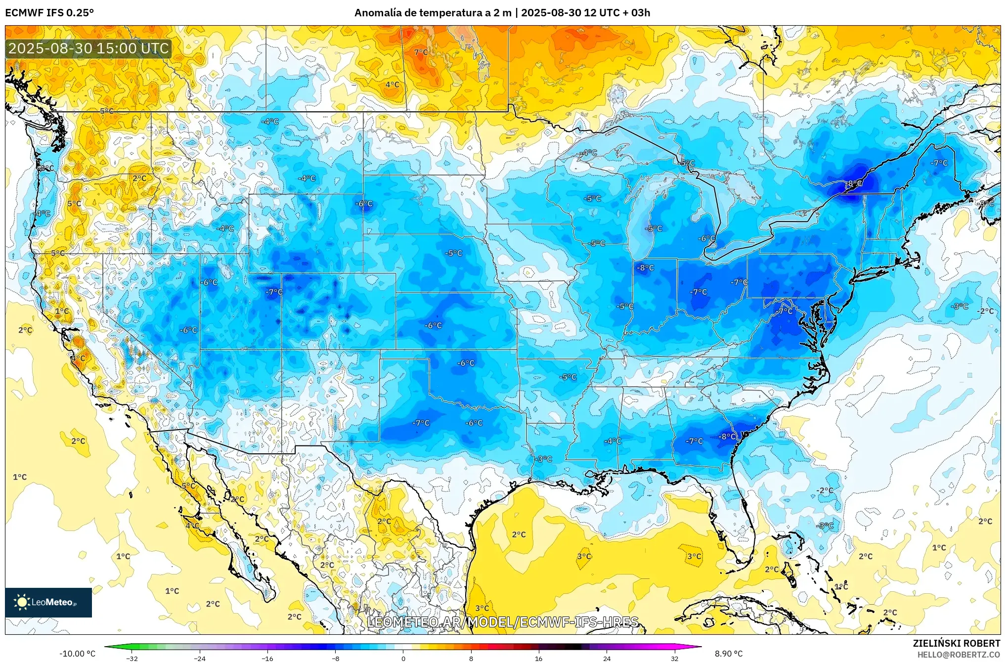 ECMWF IFS 0.25° model - Estados Unidos, Anomalía de temperatura a 2 m ECMWF IFS 0.25° model - Estados Unidos, Anomalía de temperatura a 2 m