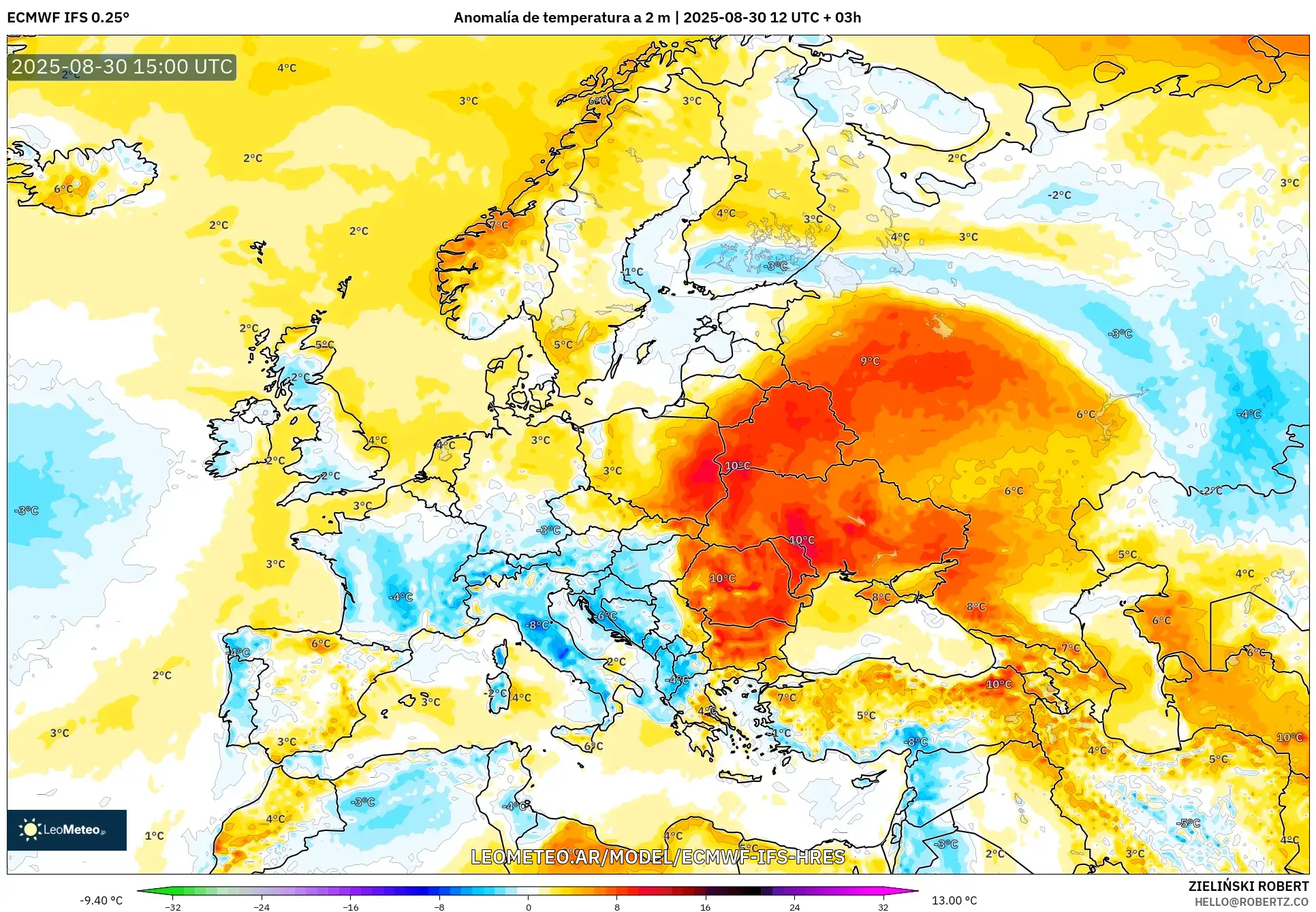 ECMWF IFS 0.25° model - Europa, Anomalía de temperatura a 2 m ECMWF IFS 0.25° model - Europa, Anomalía de temperatura a 2 m