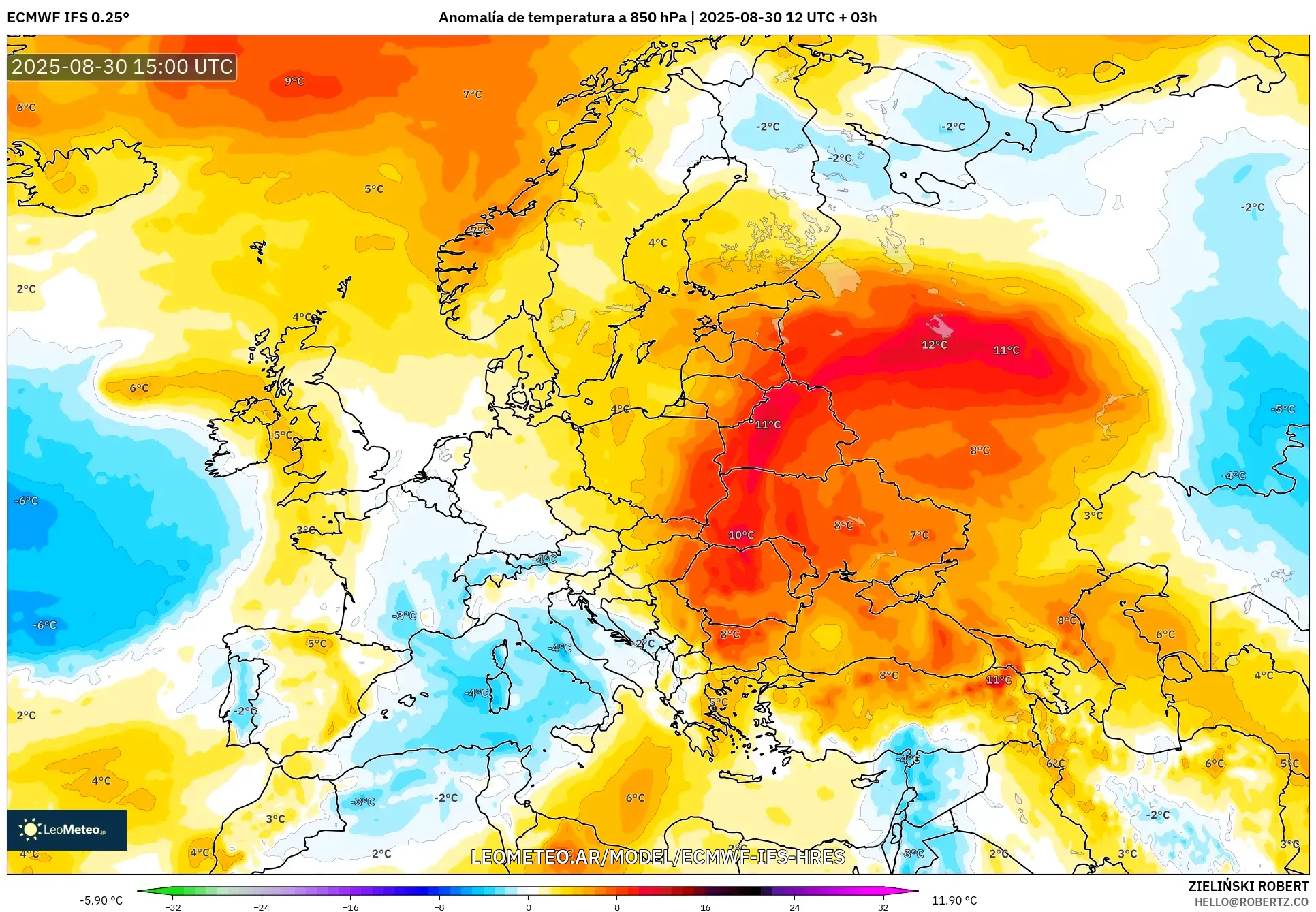 ECMWF IFS 0.25° model - Europa, Anomalía de temperatura a 850 hPa ECMWF IFS 0.25° model - Europa, Anomalía de temperatura a 850 hPa