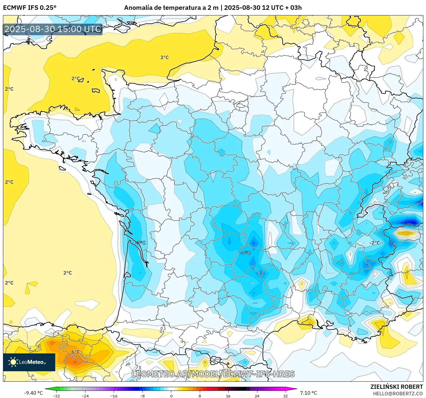 ECMWF IFS 0.25° model - Francia, Anomalía de temperatura a 2 m ECMWF IFS 0.25° model - Francia, Anomalía de temperatura a 2 m