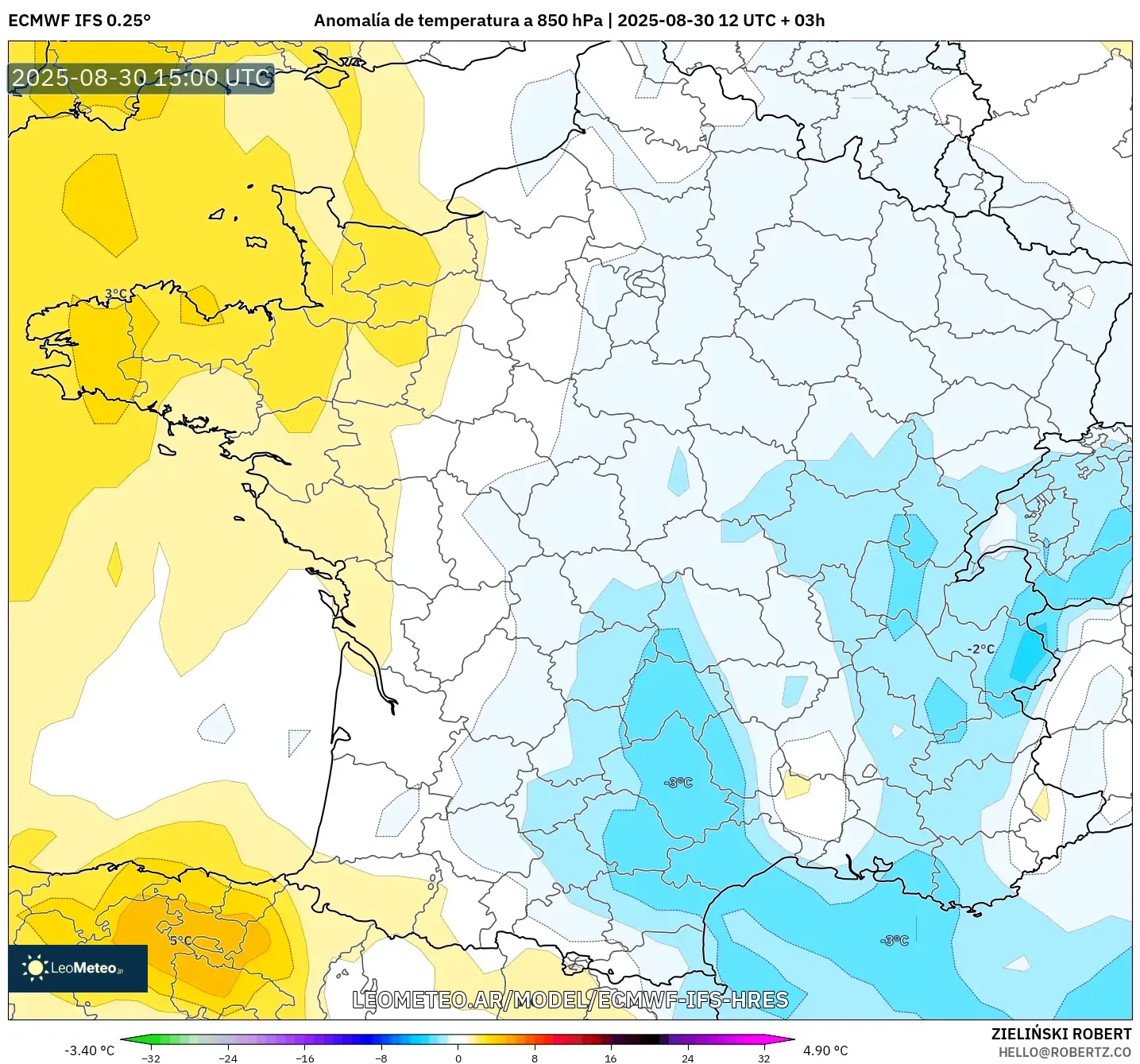 ECMWF IFS 0.25° model - Francia, Anomalía de temperatura a 850 hPa ECMWF IFS 0.25° model - Francia, Anomalía de temperatura a 850 hPa