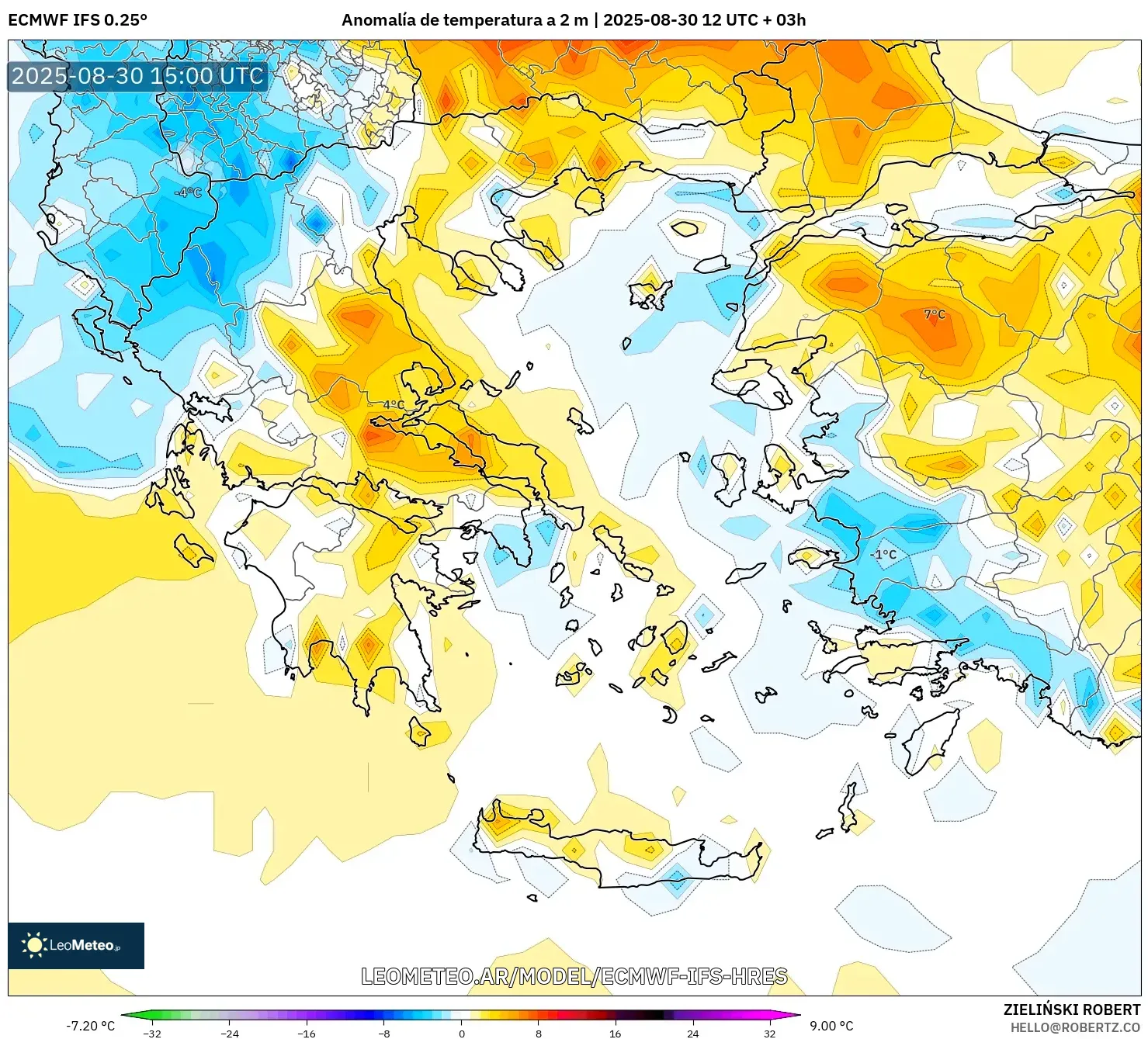 ECMWF IFS 0.25° model - Grecia, Anomalía de temperatura a 2 m ECMWF IFS 0.25° model - Grecia, Anomalía de temperatura a 2 m