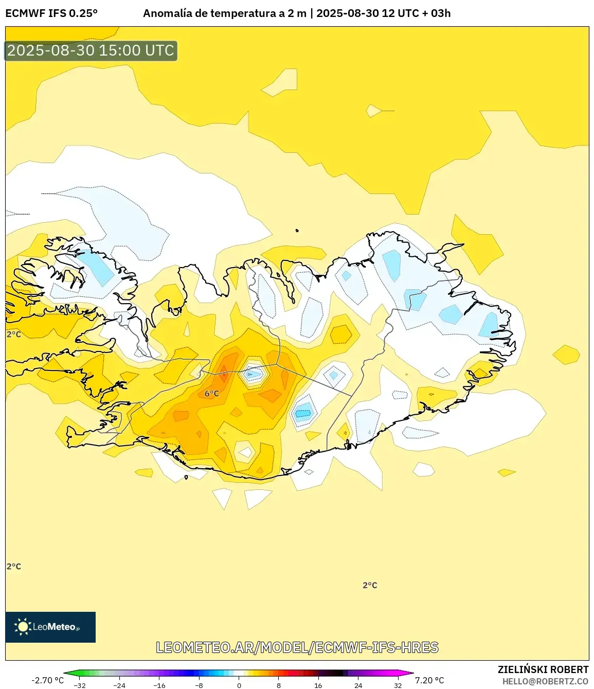 ECMWF IFS 0.25° model - Islandia, Anomalía de temperatura a 2 m ECMWF IFS 0.25° model - Islandia, Anomalía de temperatura a 2 m