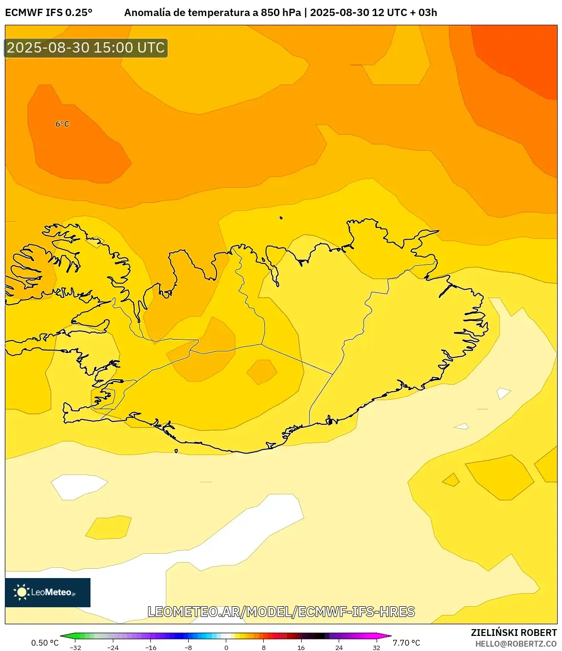 ECMWF IFS 0.25° model - Islandia, Anomalía de temperatura a 850 hPa ECMWF IFS 0.25° model - Islandia, Anomalía de temperatura a 850 hPa