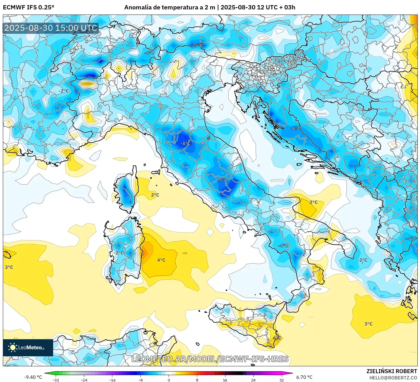 ECMWF IFS 0.25° model - Italia, Anomalía de temperatura a 2 m ECMWF IFS 0.25° model - Italia, Anomalía de temperatura a 2 m