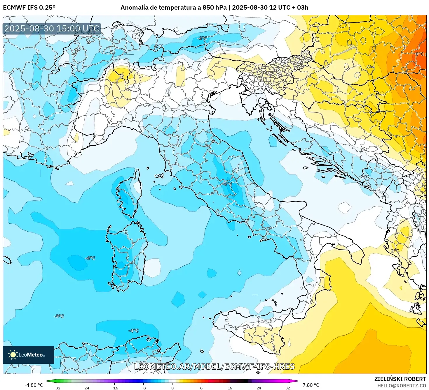ECMWF IFS 0.25° model - Italia, Anomalía de temperatura a 850 hPa ECMWF IFS 0.25° model - Italia, Anomalía de temperatura a 850 hPa