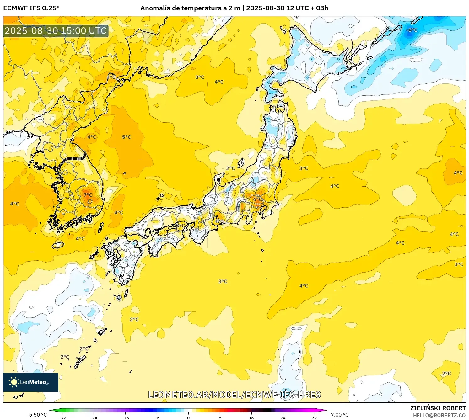 ECMWF IFS 0.25° model - Japón, Anomalía de temperatura a 2 m ECMWF IFS 0.25° model - Japón, Anomalía de temperatura a 2 m