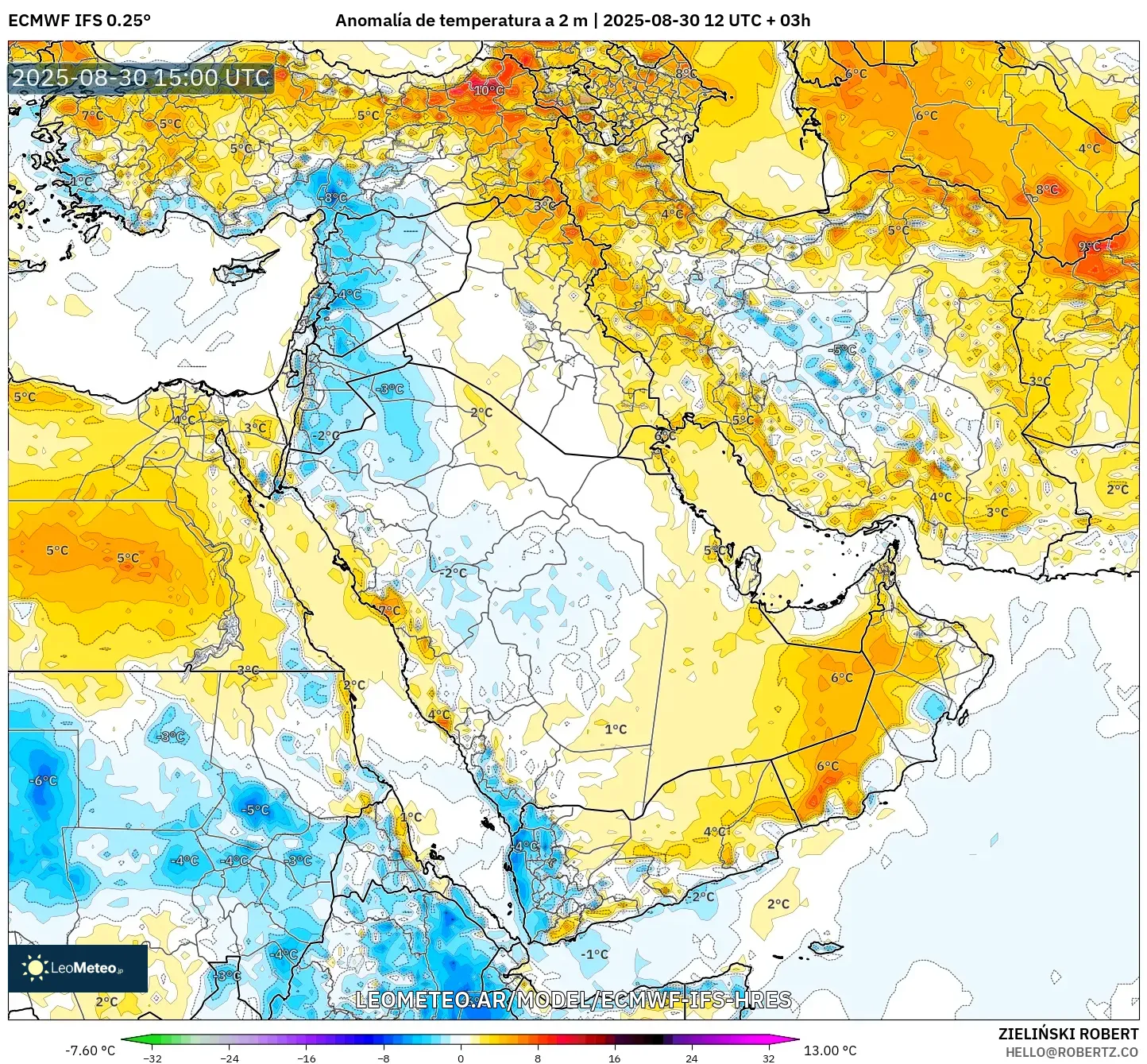 ECMWF IFS 0.25° model - Oriente Medio, Anomalía de temperatura a 2 m ECMWF IFS 0.25° model - Oriente Medio, Anomalía de temperatura a 2 m