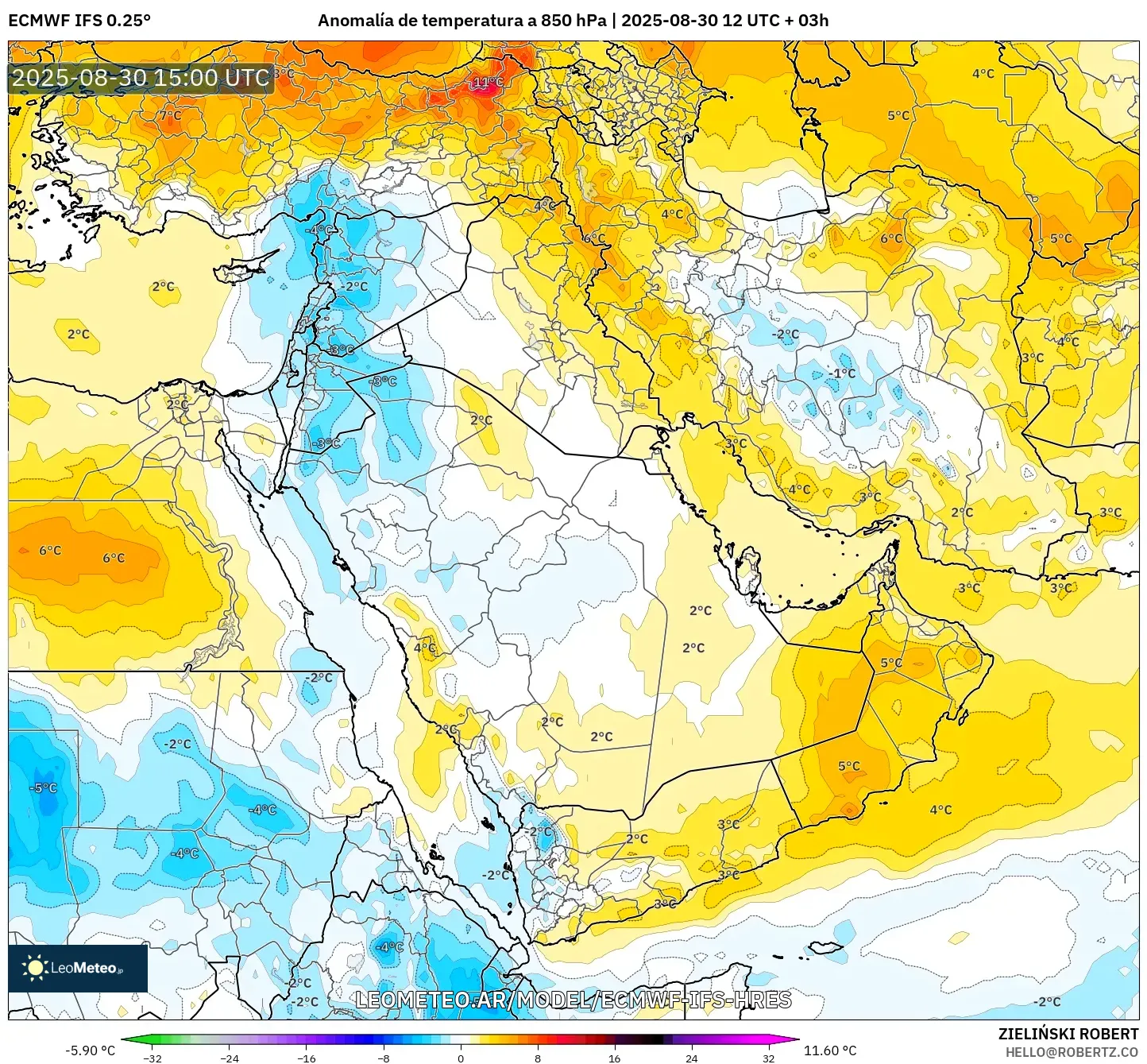 ECMWF IFS 0.25° model - Oriente Medio, Anomalía de temperatura a 850 hPa ECMWF IFS 0.25° model - Oriente Medio, Anomalía de temperatura a 850 hPa