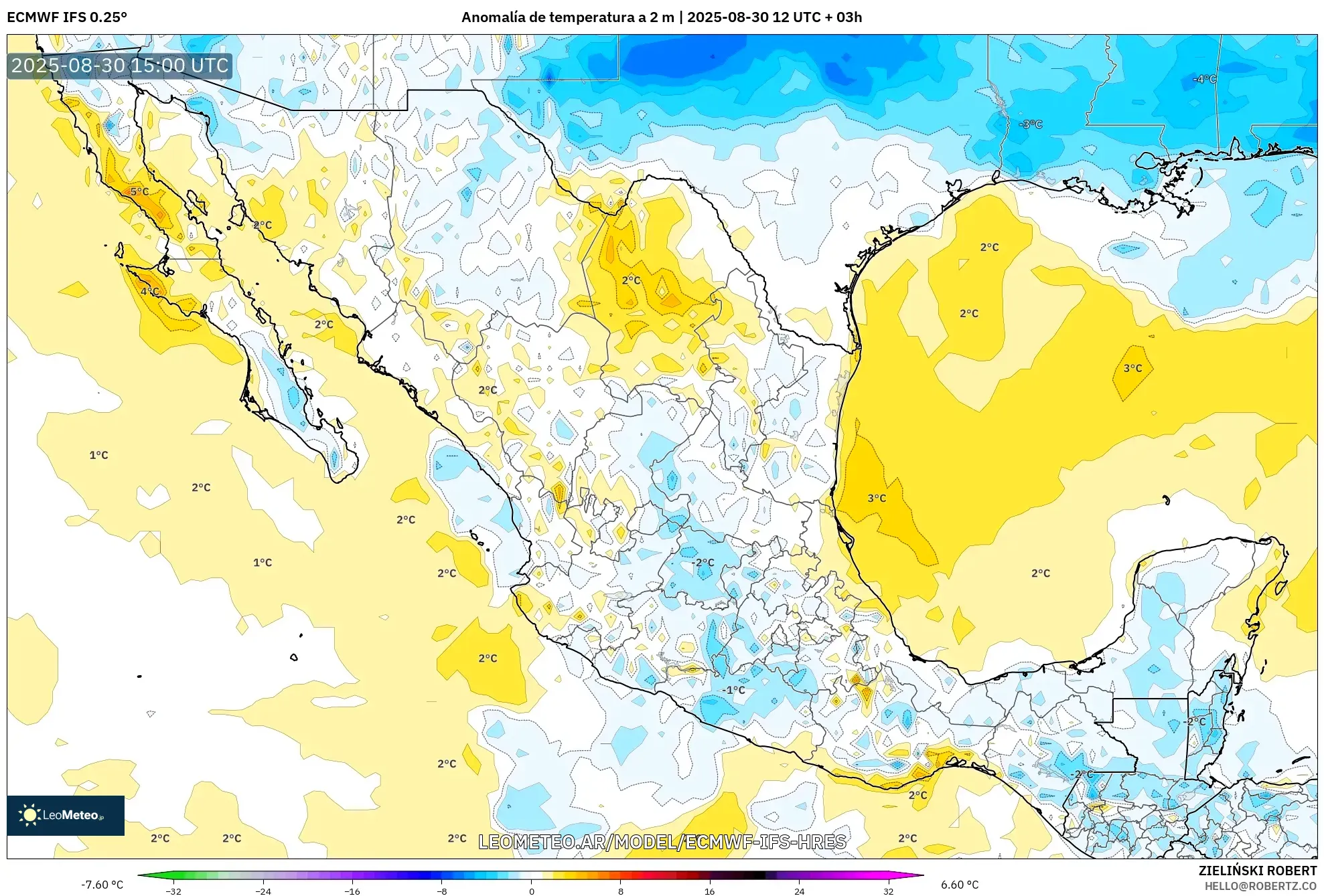 ECMWF IFS 0.25° model - México, Anomalía de temperatura a 2 m ECMWF IFS 0.25° model - México, Anomalía de temperatura a 2 m