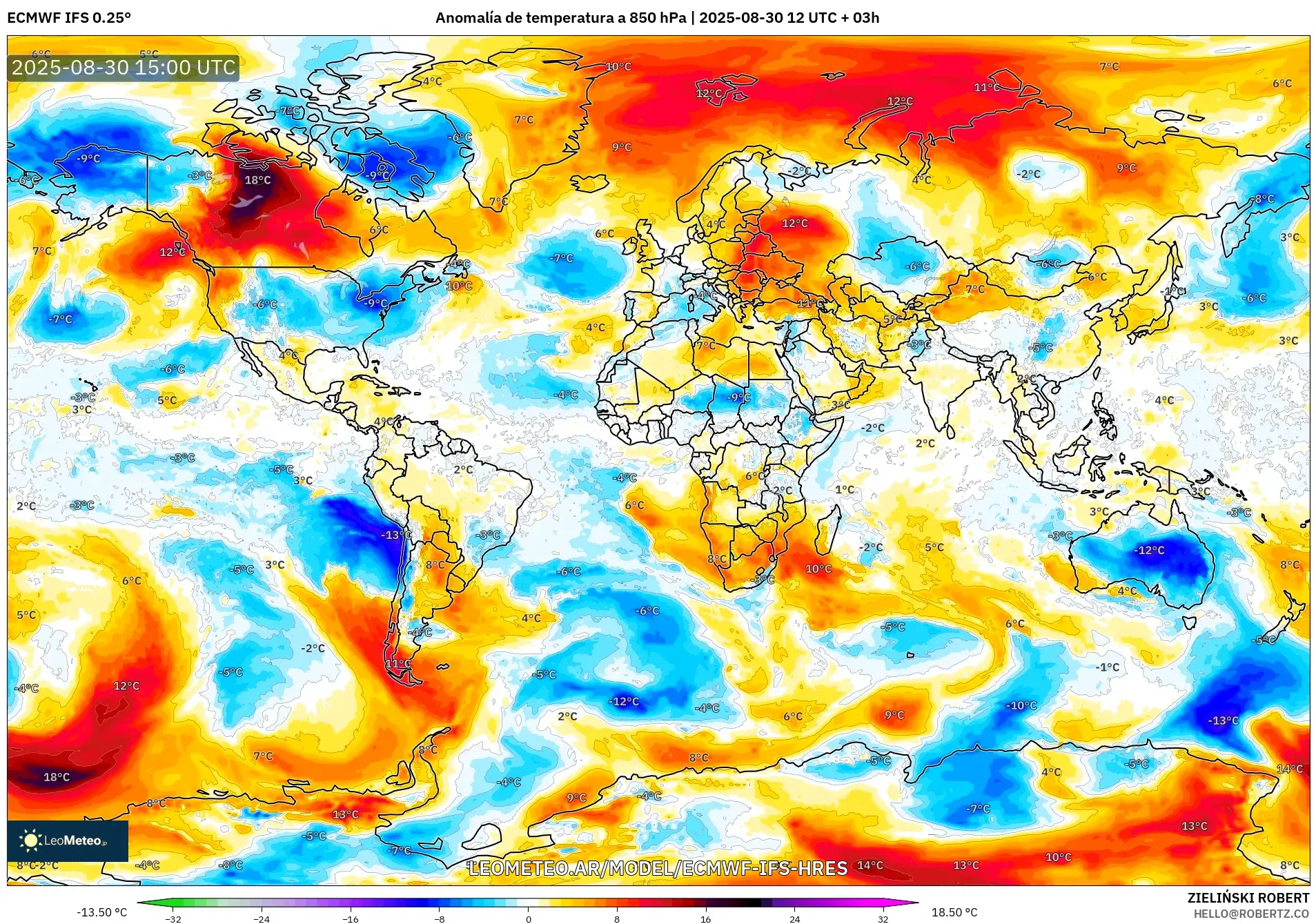 ECMWF IFS 0.25° model - Mundo, Anomalía de temperatura a 850 hPa ECMWF IFS 0.25° model - Mundo, Anomalía de temperatura a 850 hPa