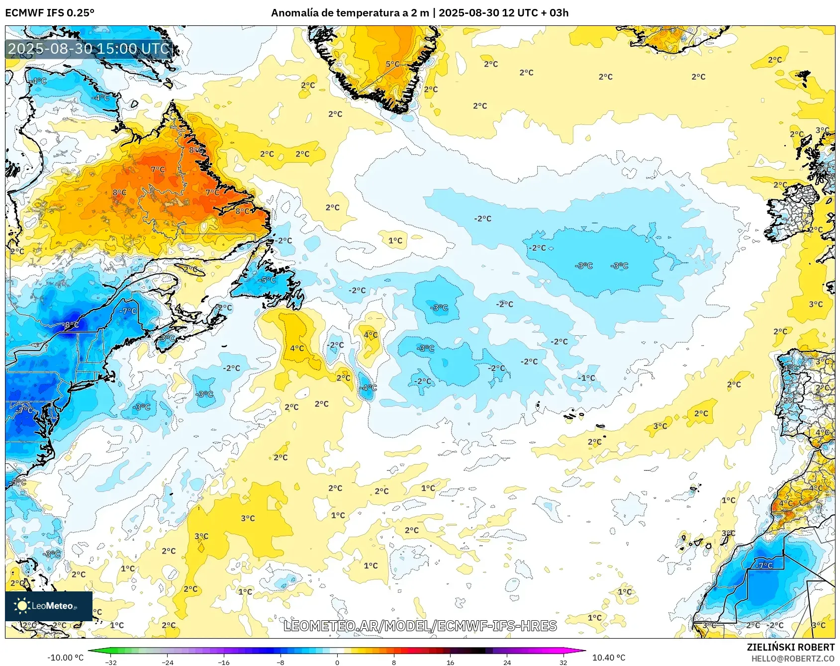 ECMWF IFS 0.25° model - Norte Atlántico, Anomalía de temperatura a 2 m ECMWF IFS 0.25° model - Norte Atlántico, Anomalía de temperatura a 2 m