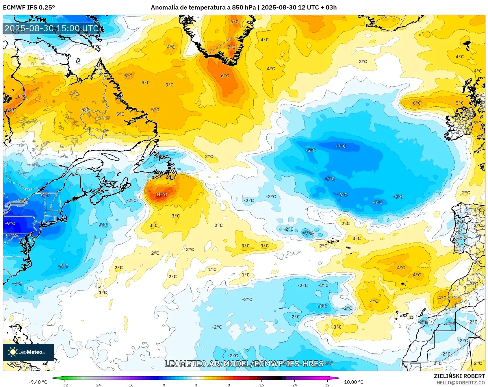 ECMWF IFS 0.25° model - Norte Atlántico, Anomalía de temperatura a 850 hPa ECMWF IFS 0.25° model - Norte Atlántico, Anomalía de temperatura a 850 hPa