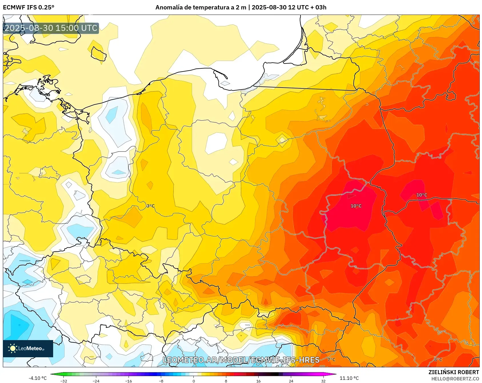 ECMWF IFS 0.25° model - Polonia, Anomalía de temperatura a 2 m ECMWF IFS 0.25° model - Polonia, Anomalía de temperatura a 2 m