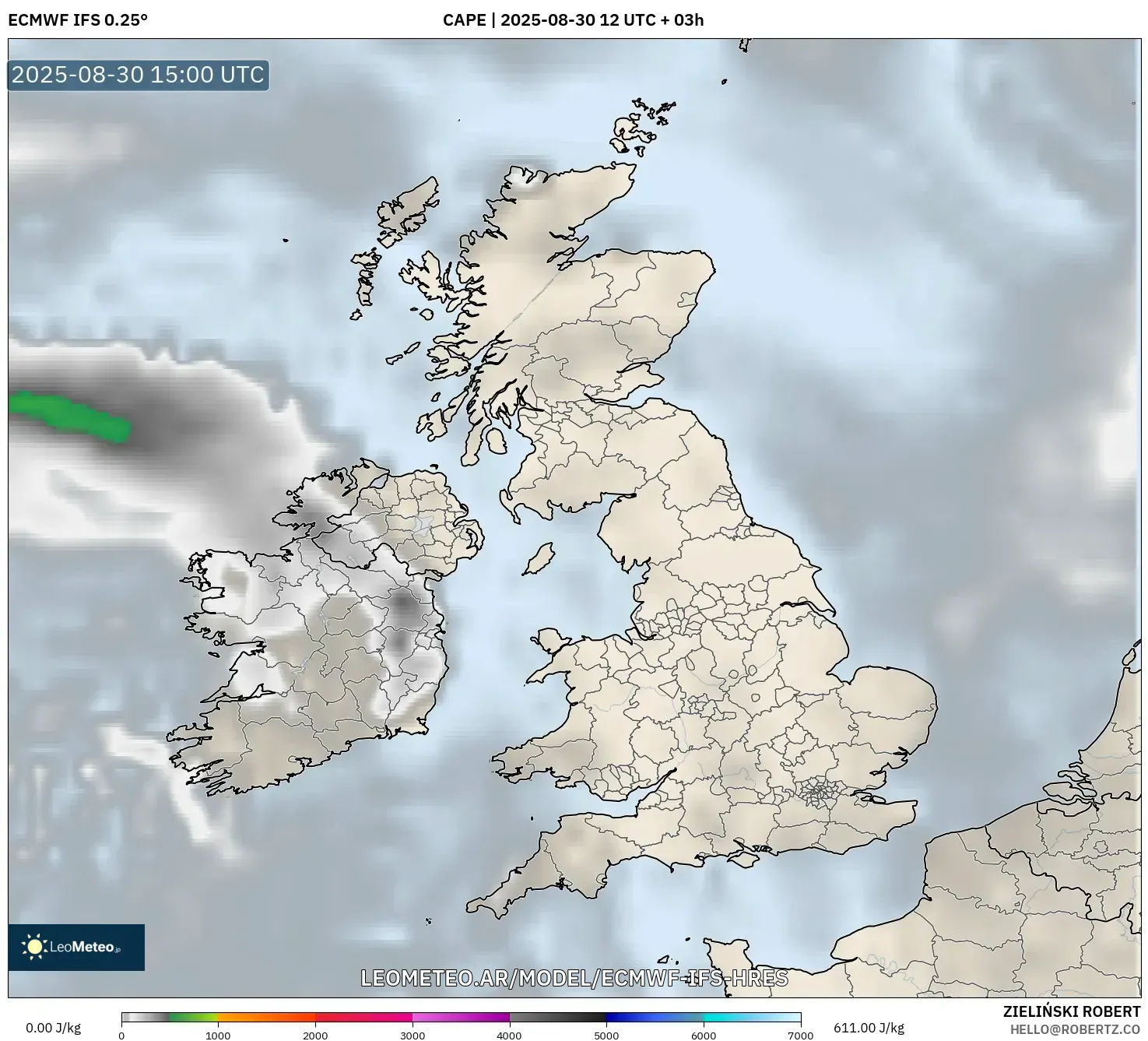 ECMWF IFS 0.25° model - Reino Unido, CAPE ECMWF IFS 0.25° model - Reino Unido, CAPE