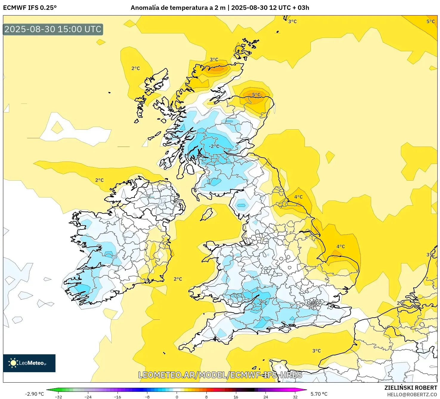 ECMWF IFS 0.25° model - Reino Unido, Anomalía de temperatura a 2 m ECMWF IFS 0.25° model - Reino Unido, Anomalía de temperatura a 2 m