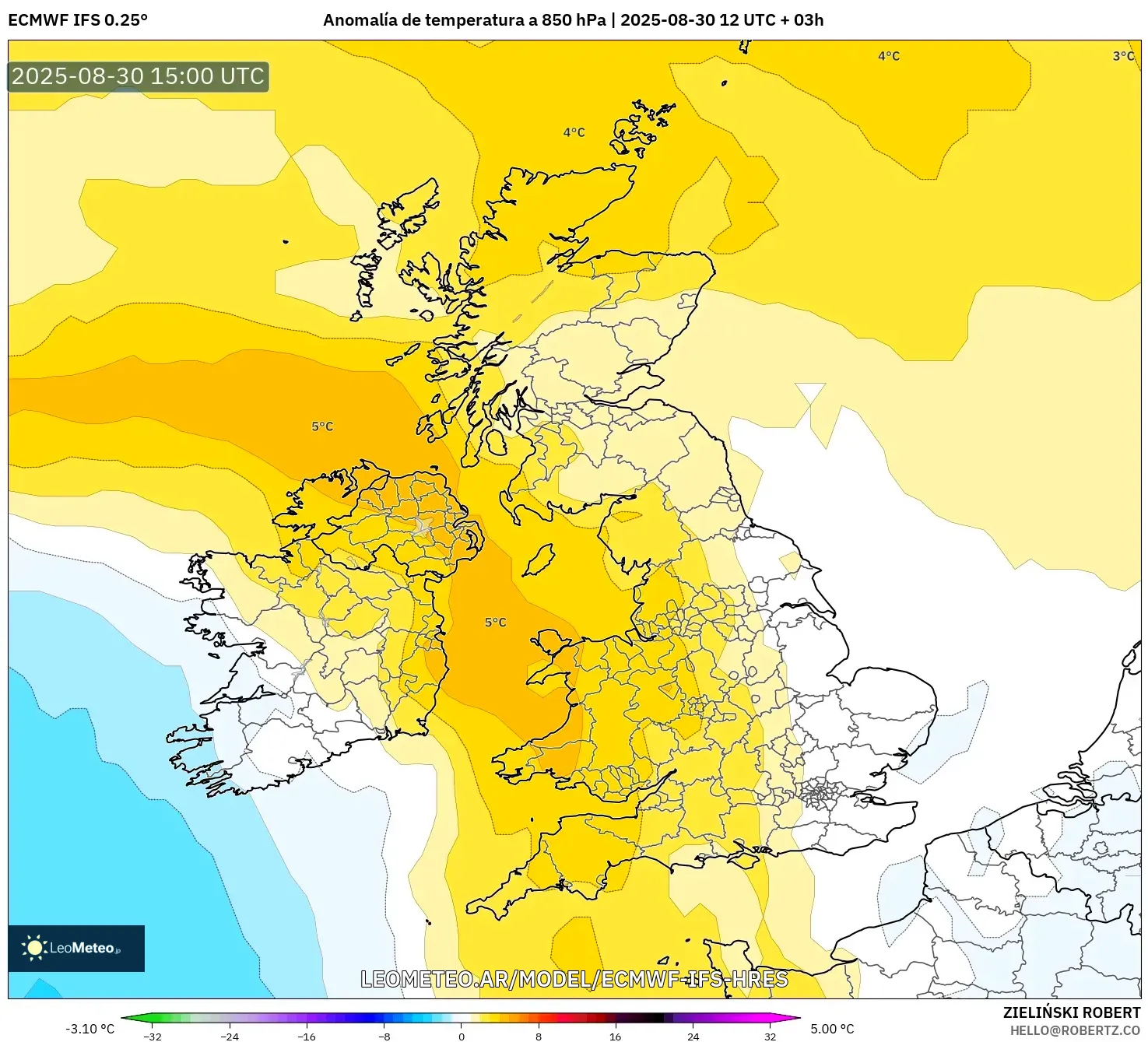 ECMWF IFS 0.25° model - Reino Unido, Anomalía de temperatura a 850 hPa ECMWF IFS 0.25° model - Reino Unido, Anomalía de temperatura a 850 hPa