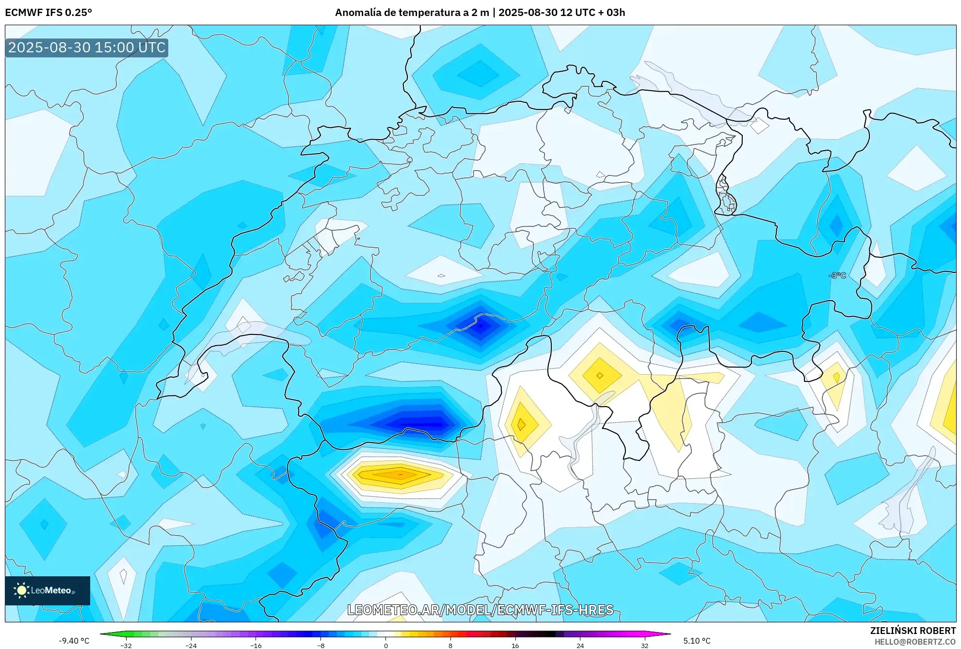 ECMWF IFS 0.25° model - Suiza, Anomalía de temperatura a 2 m ECMWF IFS 0.25° model - Suiza, Anomalía de temperatura a 2 m