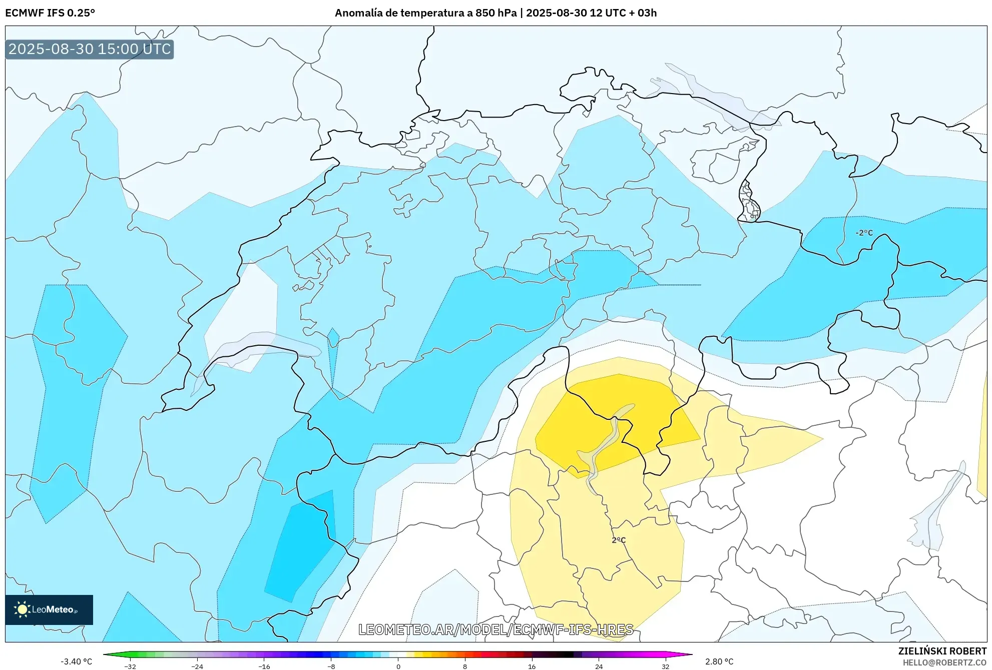 ECMWF IFS 0.25° model - Suiza, Anomalía de temperatura a 850 hPa ECMWF IFS 0.25° model - Suiza, Anomalía de temperatura a 850 hPa