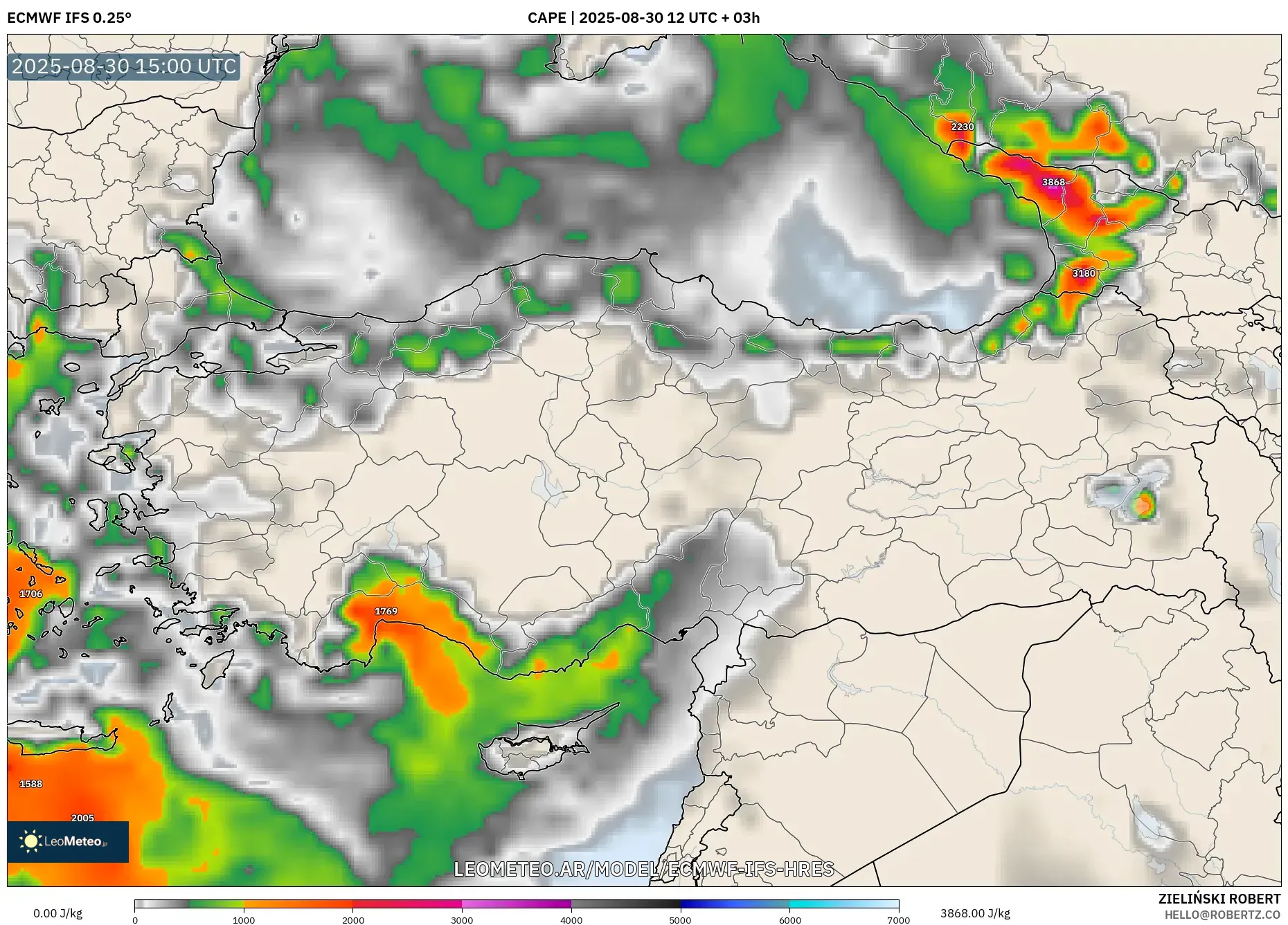ECMWF IFS 0.25° model - Turquía, CAPE ECMWF IFS 0.25° model - Turquía, CAPE