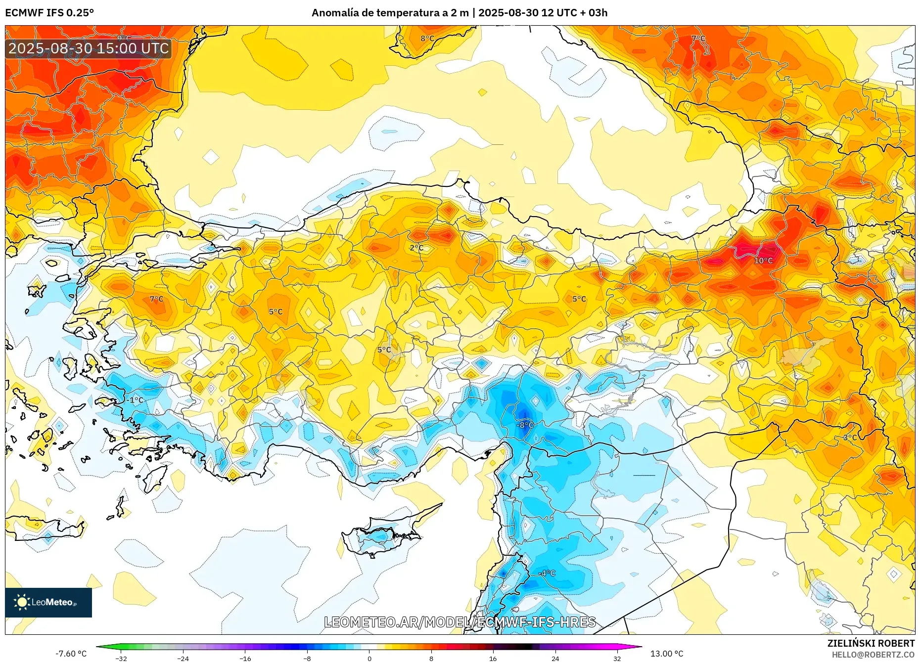ECMWF IFS 0.25° model - Turquía, Anomalía de temperatura a 2 m ECMWF IFS 0.25° model - Turquía, Anomalía de temperatura a 2 m