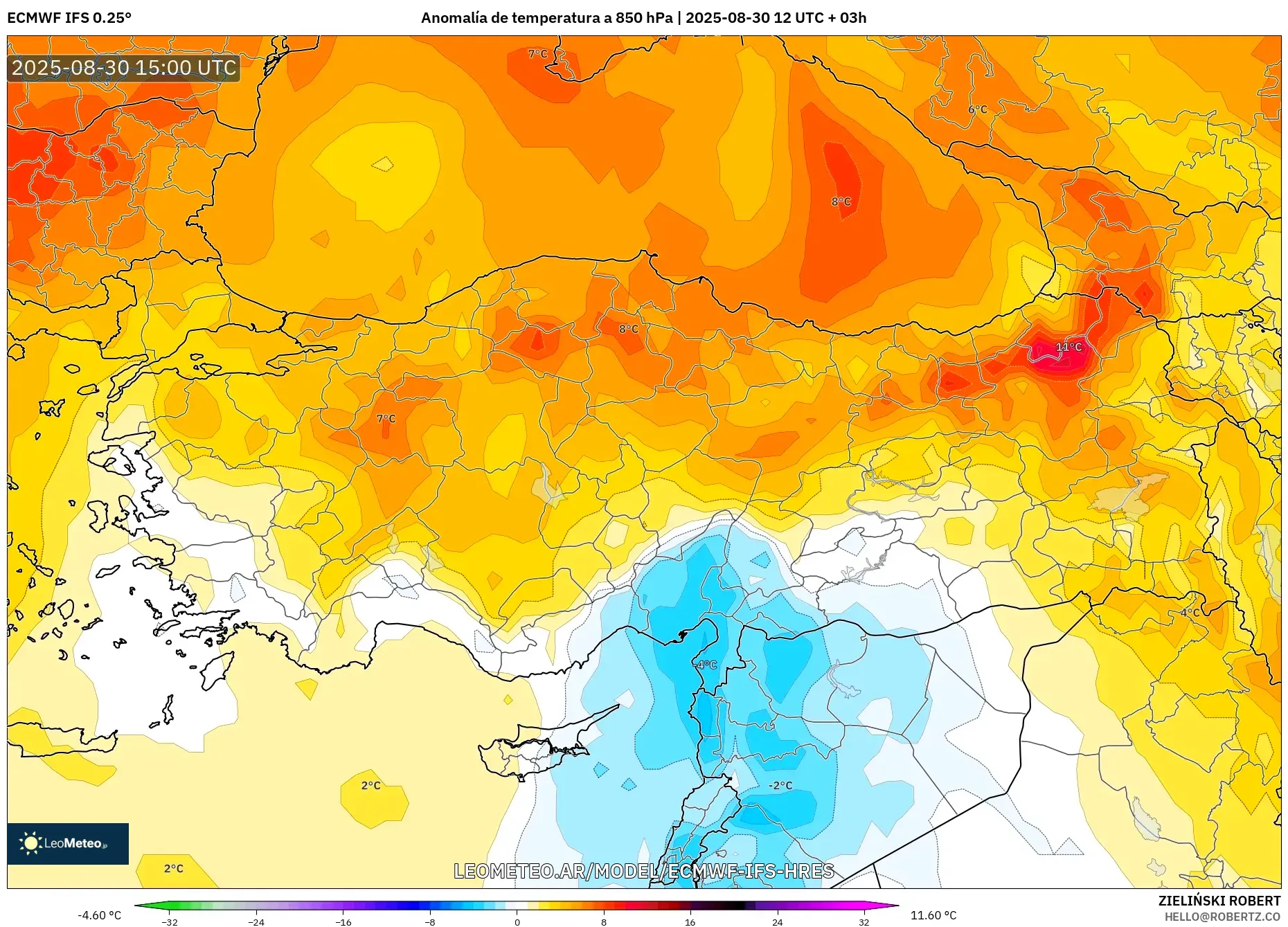ECMWF IFS 0.25° model - Turquía, Anomalía de temperatura a 850 hPa ECMWF IFS 0.25° model - Turquía, Anomalía de temperatura a 850 hPa