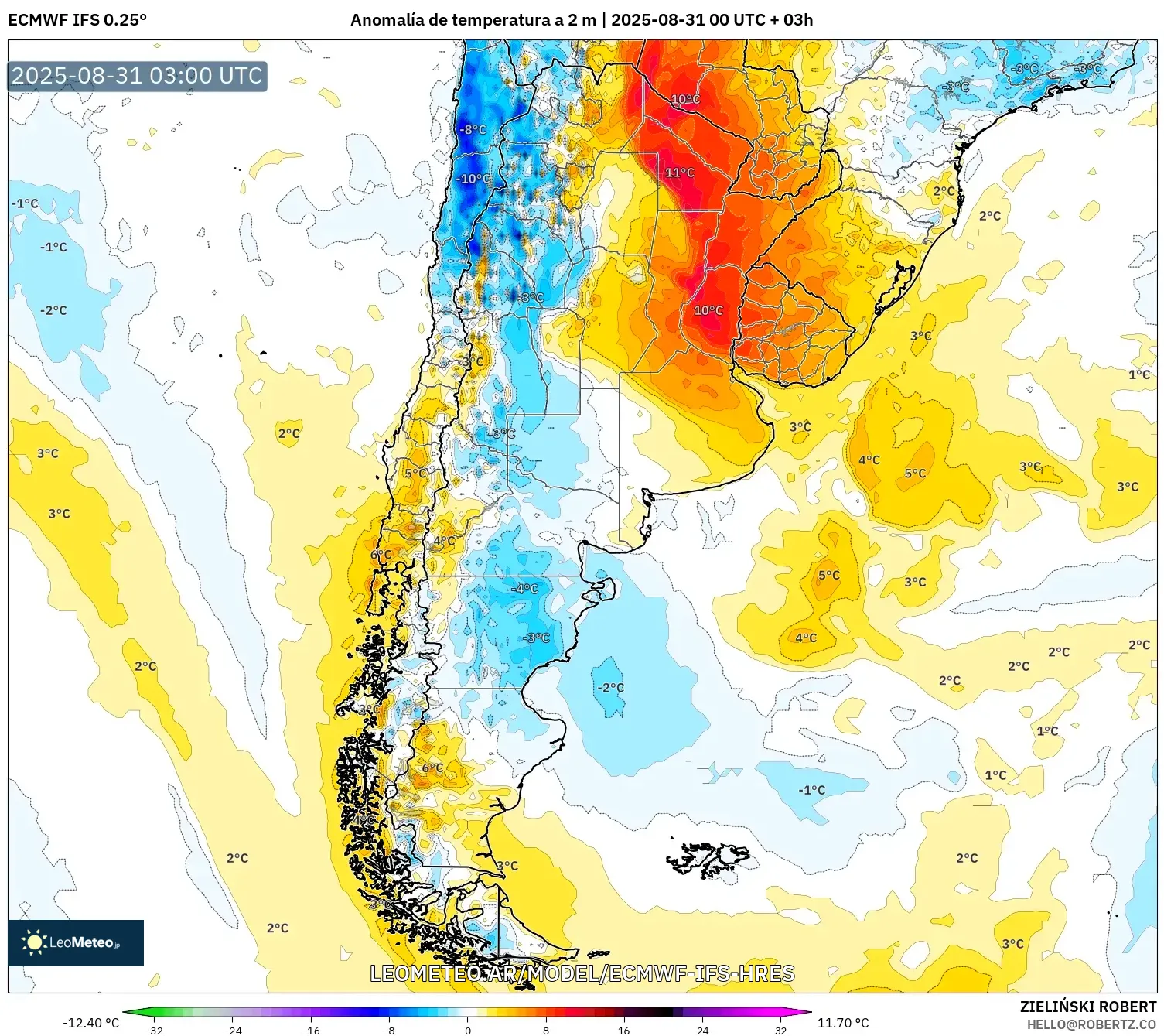 ECMWF IFS 0.25° model - Argentina, Anomalía de temperatura a 2 m ECMWF IFS 0.25° model - Argentina, Anomalía de temperatura a 2 m
