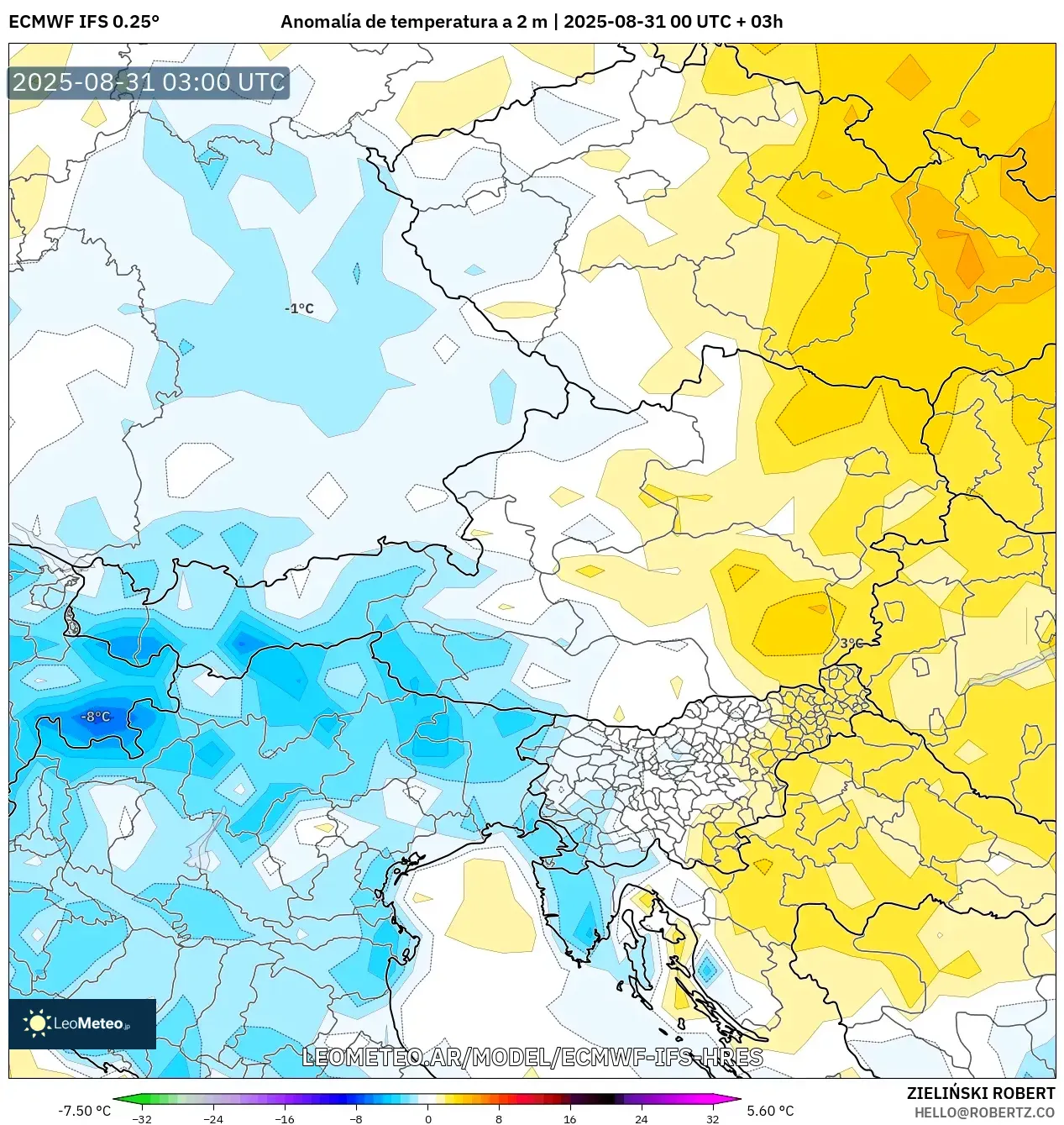 ECMWF IFS 0.25° model - Austria, Anomalía de temperatura a 2 m ECMWF IFS 0.25° model - Austria, Anomalía de temperatura a 2 m