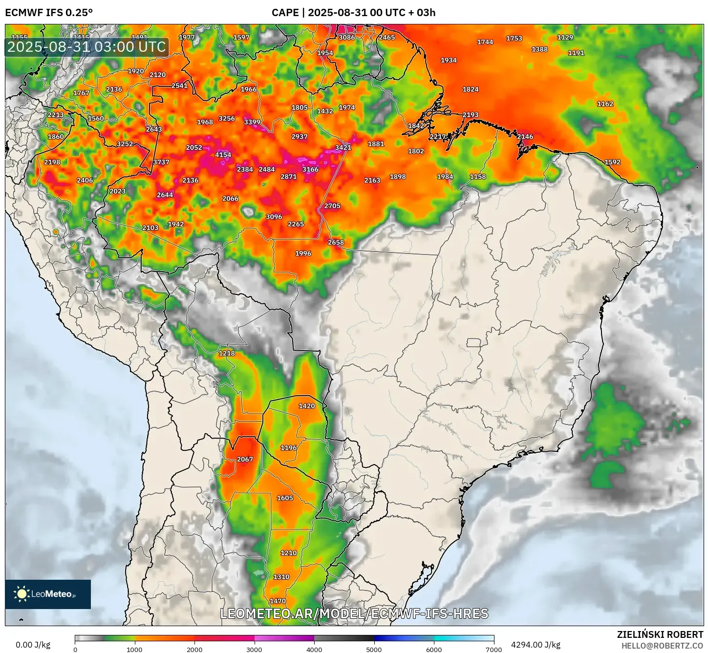 ECMWF IFS 0.25° model - Brasil, CAPE ECMWF IFS 0.25° model - Brasil, CAPE