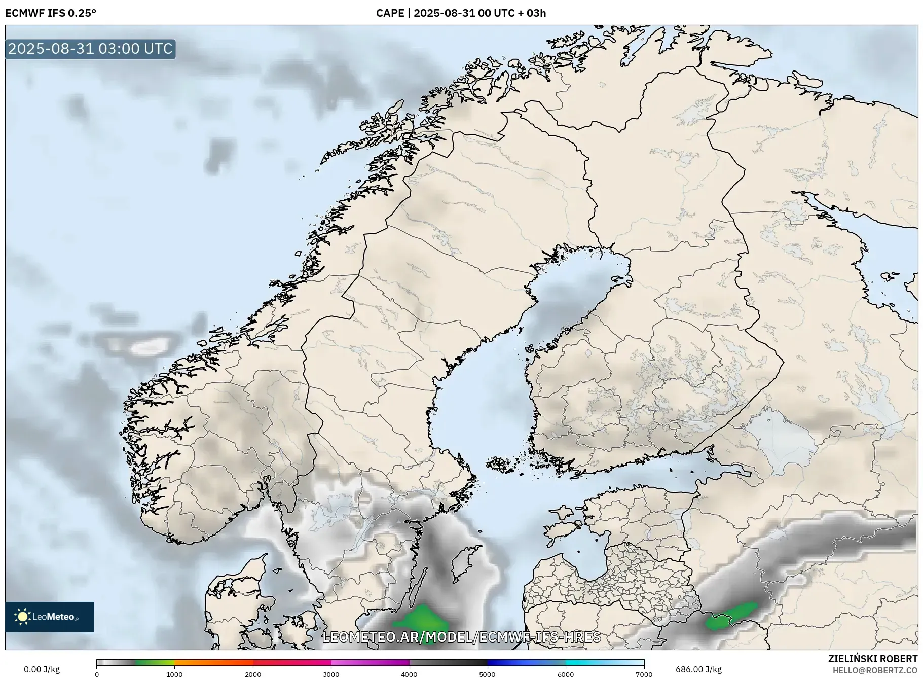 ECMWF IFS 0.25° model - Escandinavia, CAPE ECMWF IFS 0.25° model - Escandinavia, CAPE