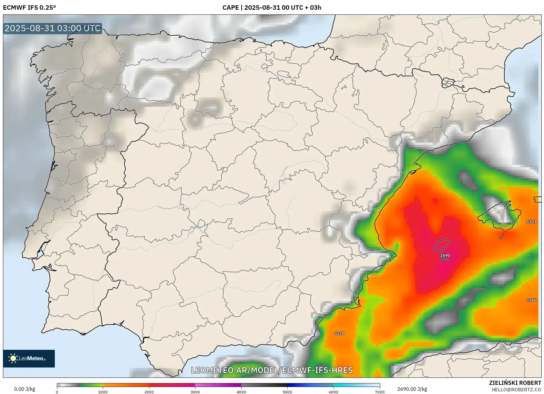 ECMWF IFS 0.25° model - España, CAPE ECMWF IFS 0.25° model - España, CAPE