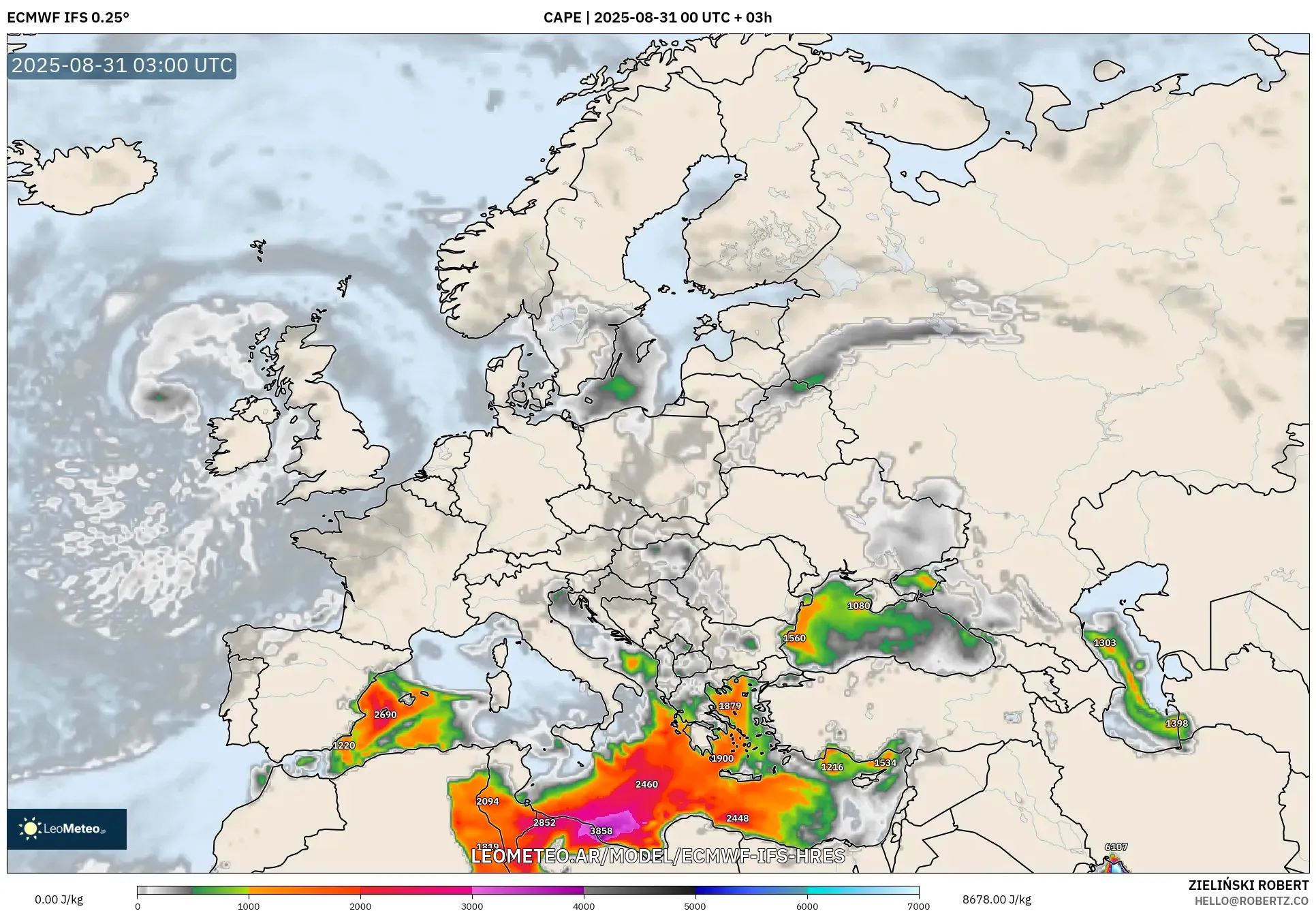 ECMWF IFS 0.25° model - Europa, CAPE ECMWF IFS 0.25° model - Europa, CAPE