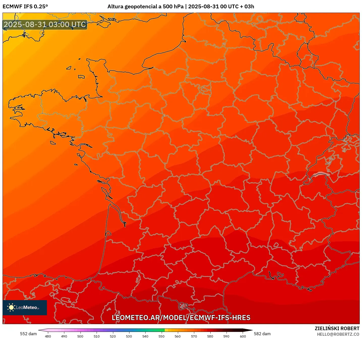 ECMWF IFS 0.25° model - Francia, Altura geopotencial a 500 hPa ECMWF IFS 0.25° model - Francia, Altura geopotencial a 500 hPa