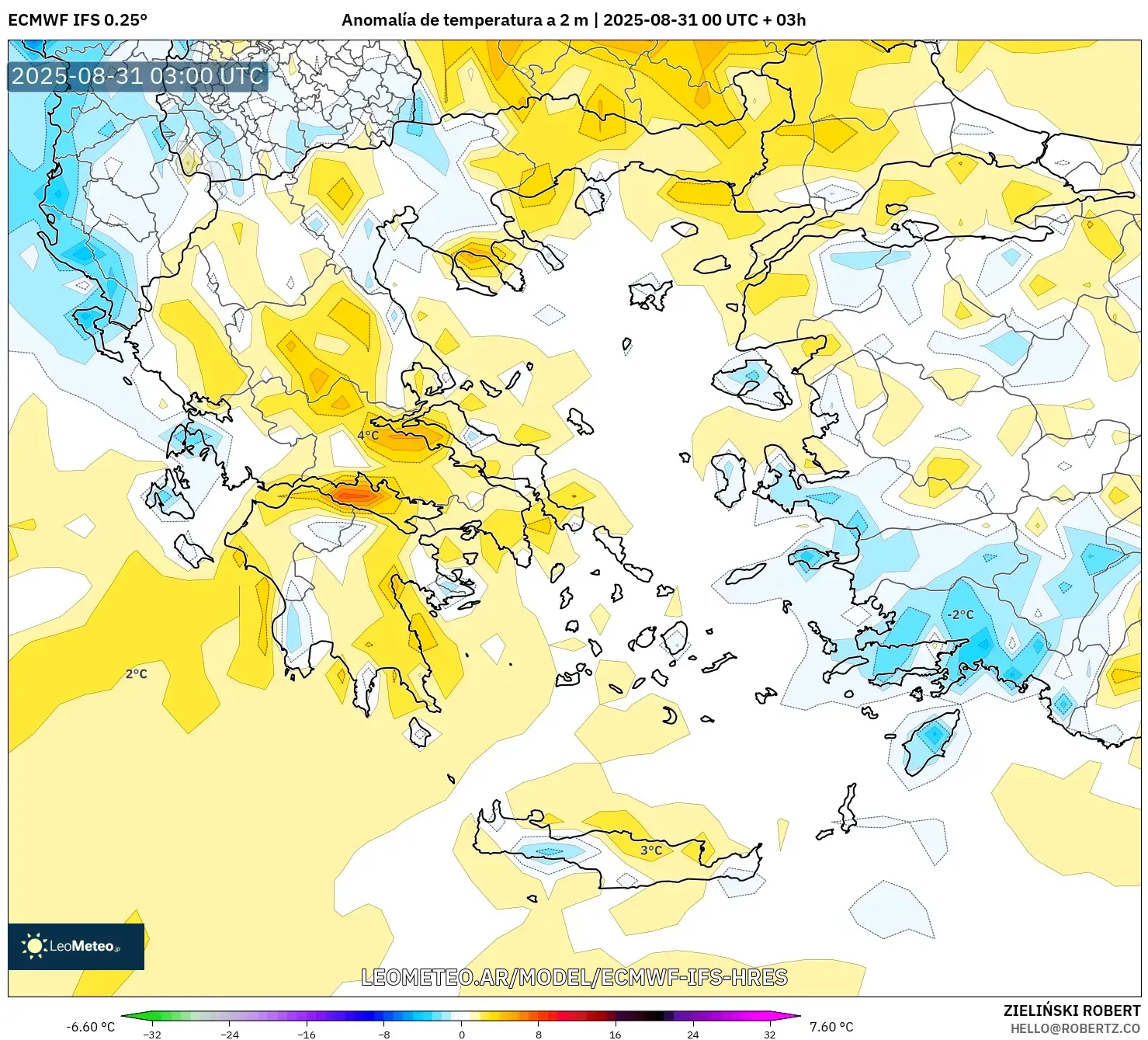 ECMWF IFS 0.25° model - Grecia, Anomalía de temperatura a 2 m ECMWF IFS 0.25° model - Grecia, Anomalía de temperatura a 2 m