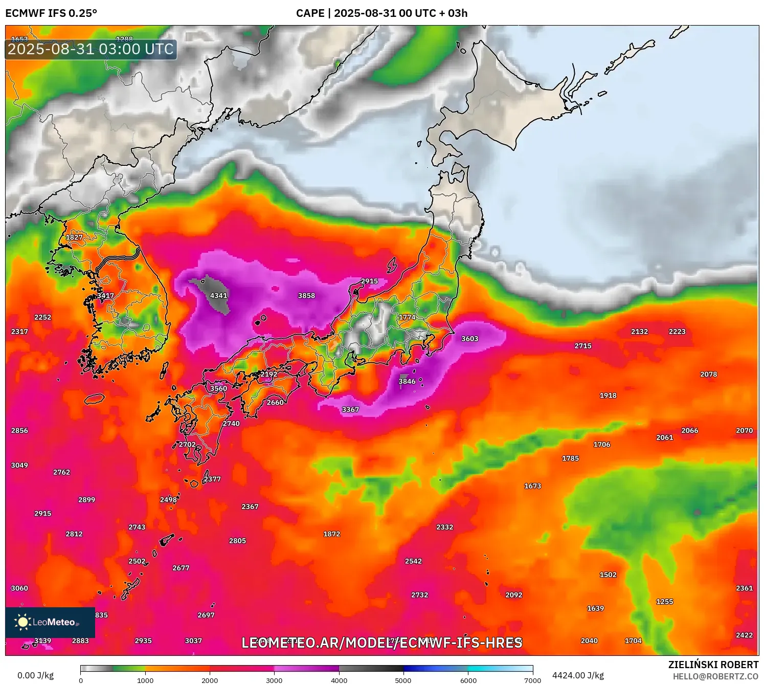 ECMWF IFS 0.25° model - Japón, CAPE ECMWF IFS 0.25° model - Japón, CAPE