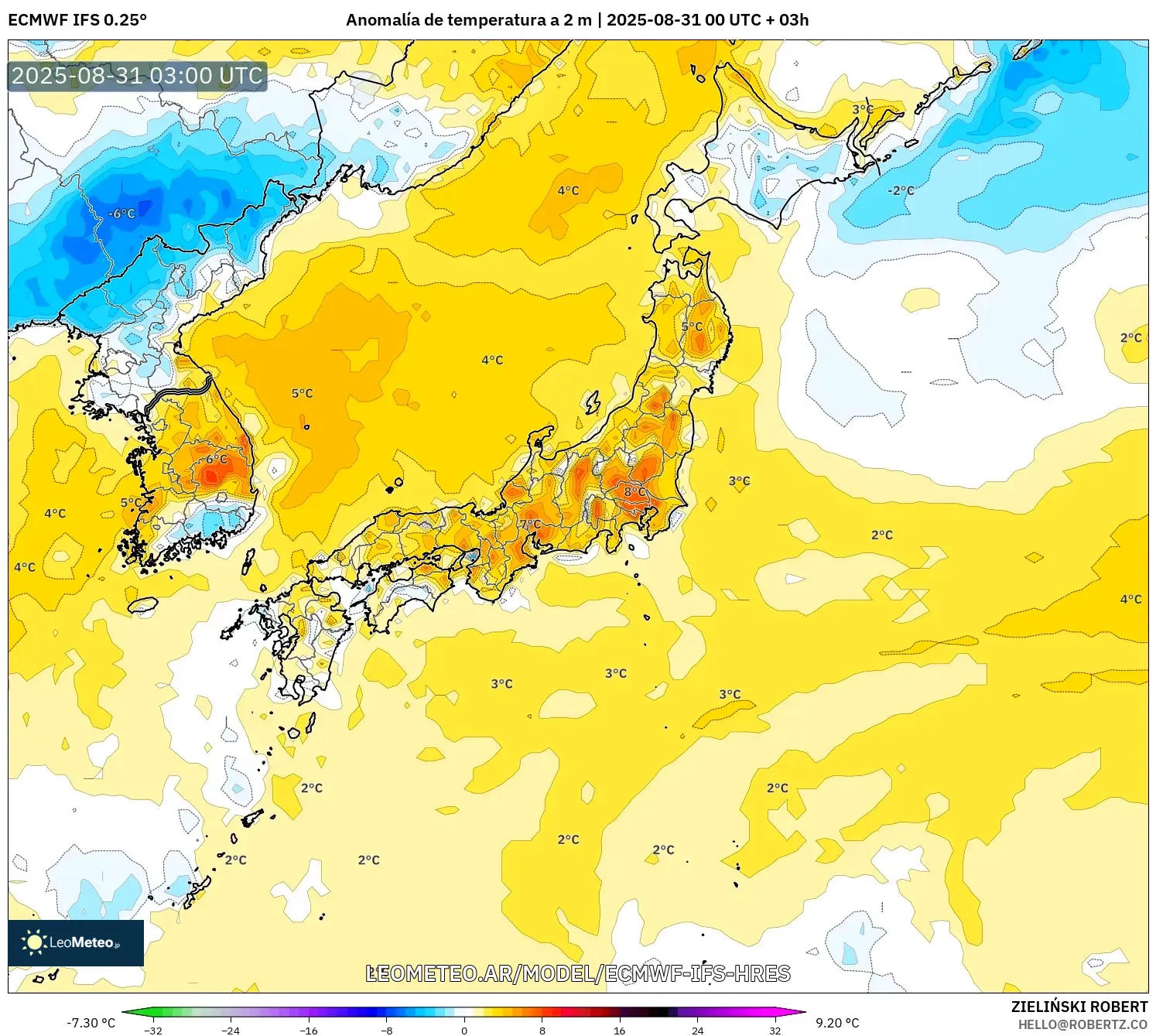 ECMWF IFS 0.25° model - Japón, Anomalía de temperatura a 2 m ECMWF IFS 0.25° model - Japón, Anomalía de temperatura a 2 m