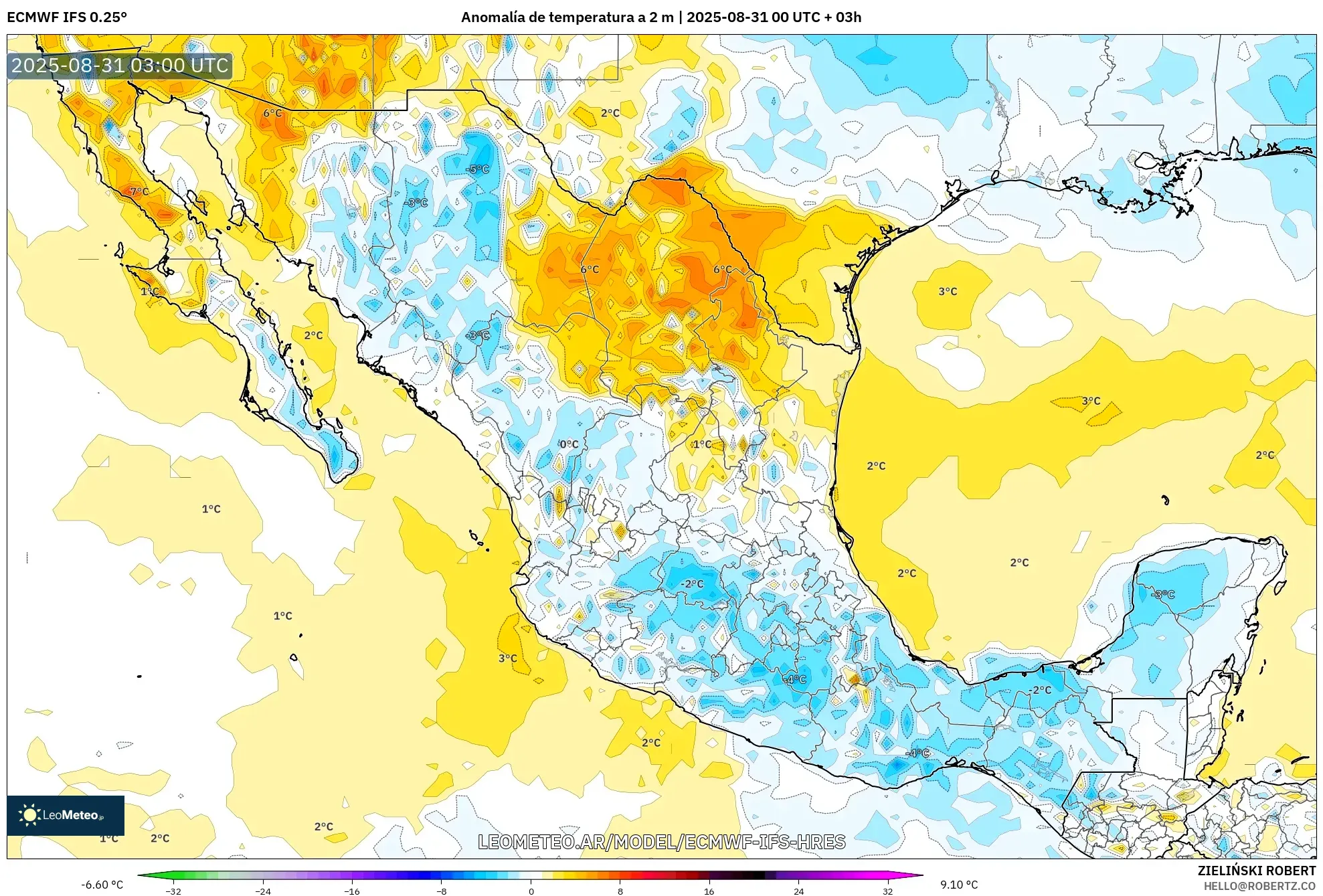 ECMWF IFS 0.25° model - México, Anomalía de temperatura a 2 m ECMWF IFS 0.25° model - México, Anomalía de temperatura a 2 m