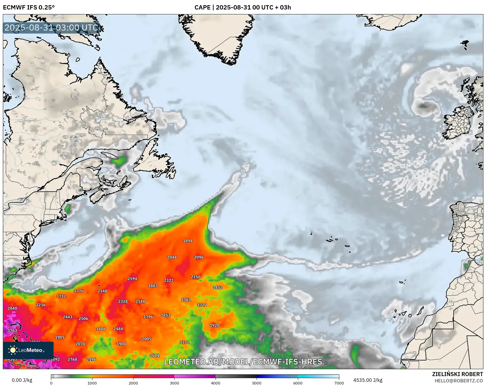 ECMWF IFS 0.25° model - Norte Atlántico, CAPE ECMWF IFS 0.25° model - Norte Atlántico, CAPE