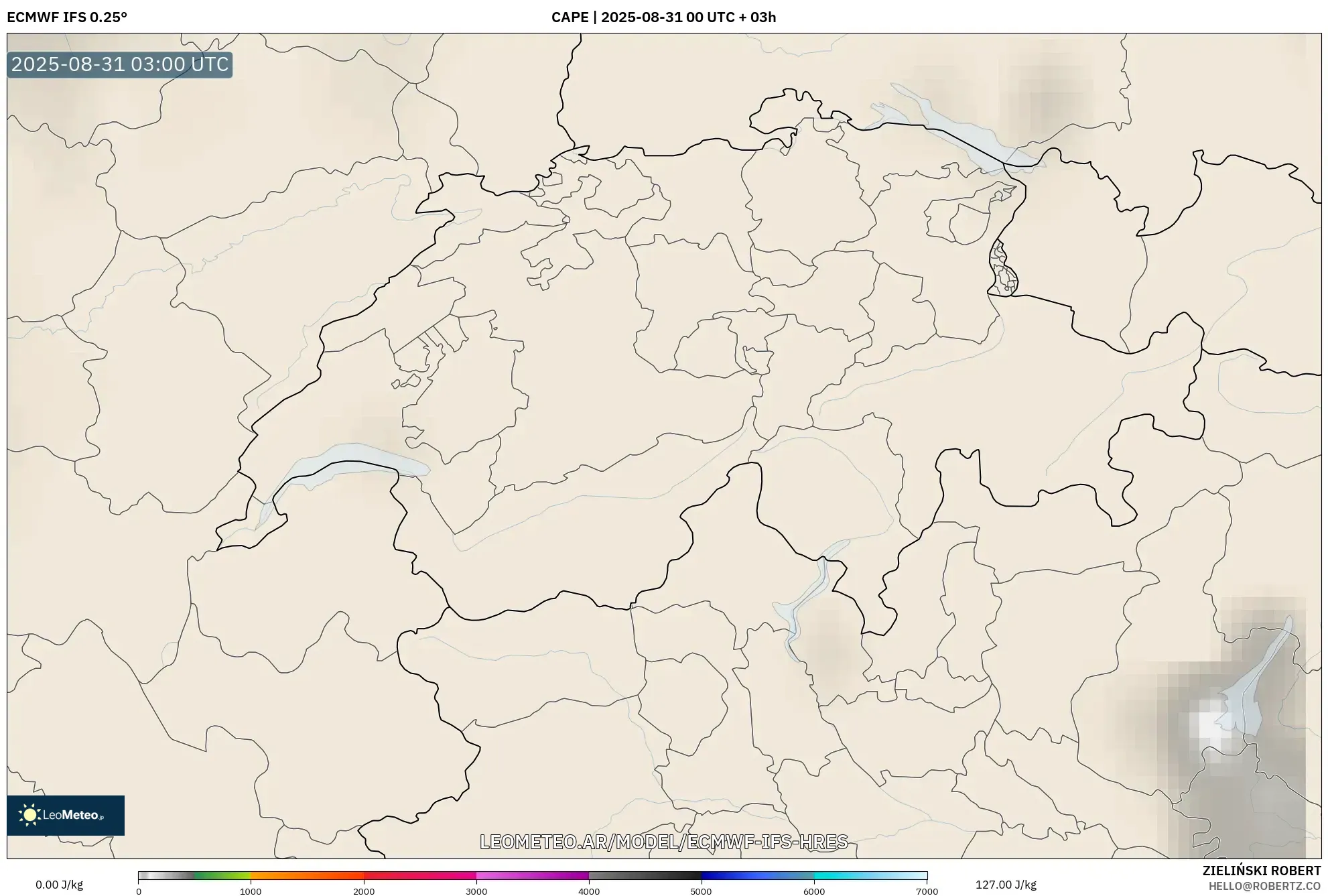 ECMWF IFS 0.25° model - Suiza, CAPE ECMWF IFS 0.25° model - Suiza, CAPE