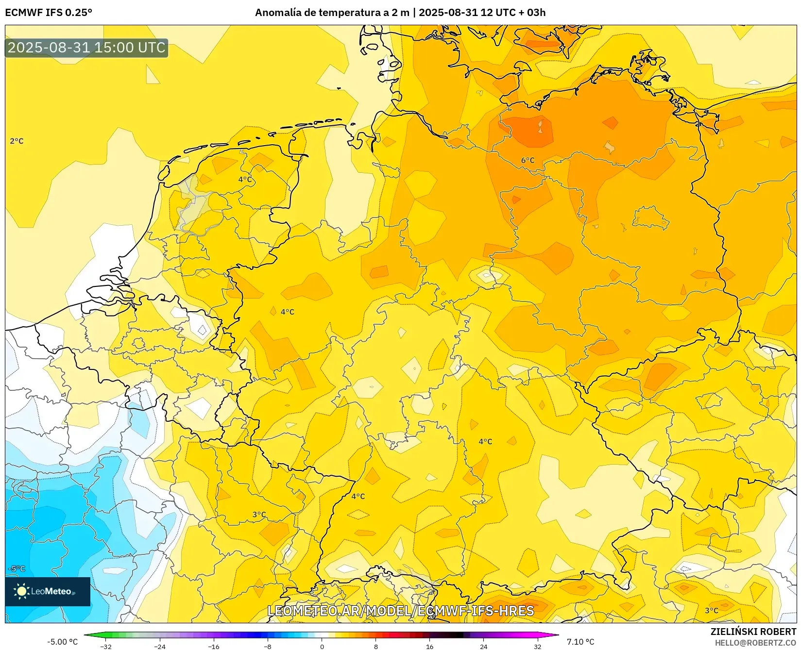 ECMWF IFS 0.25° model - Alemania, Anomalía de temperatura a 2 m ECMWF IFS 0.25° model - Alemania, Anomalía de temperatura a 2 m