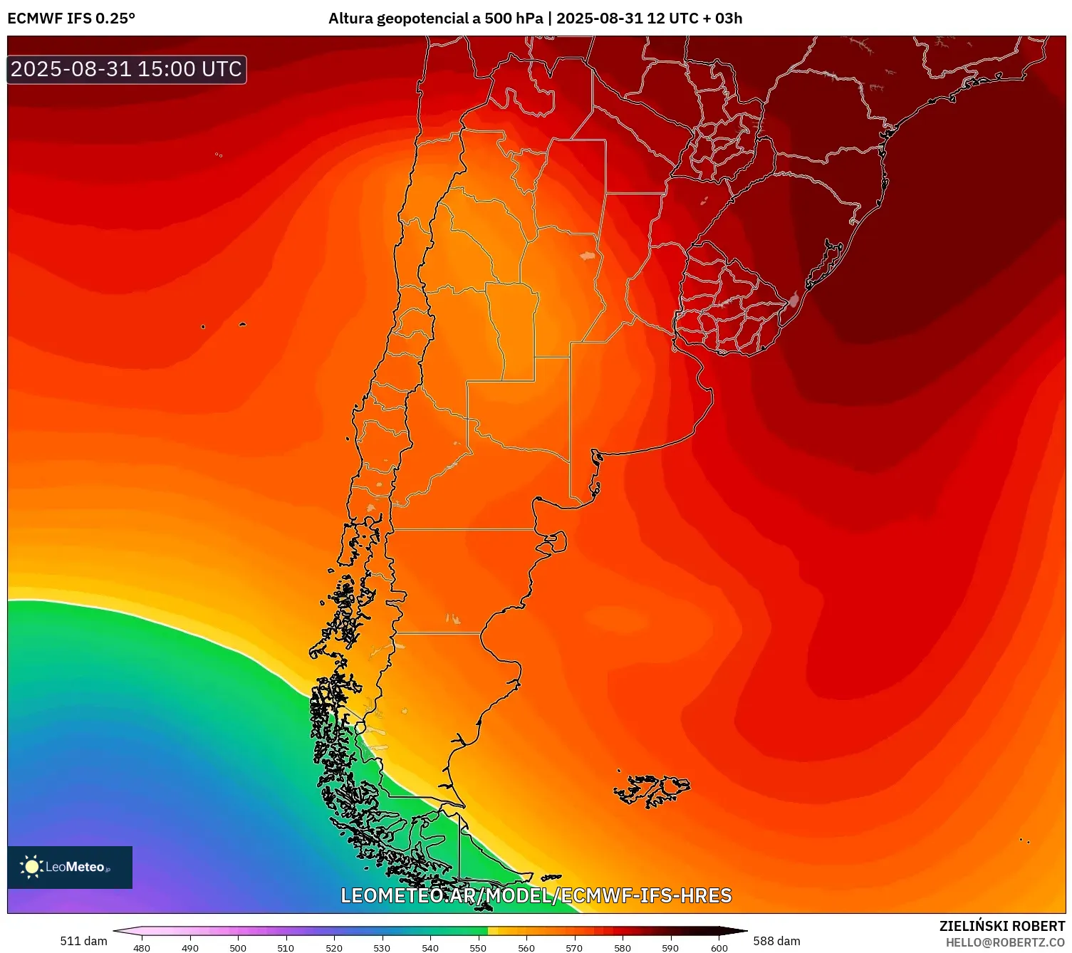 ECMWF IFS 0.25° model - Argentina, Altura geopotencial a 500 hPa ECMWF IFS 0.25° model - Argentina, Altura geopotencial a 500 hPa