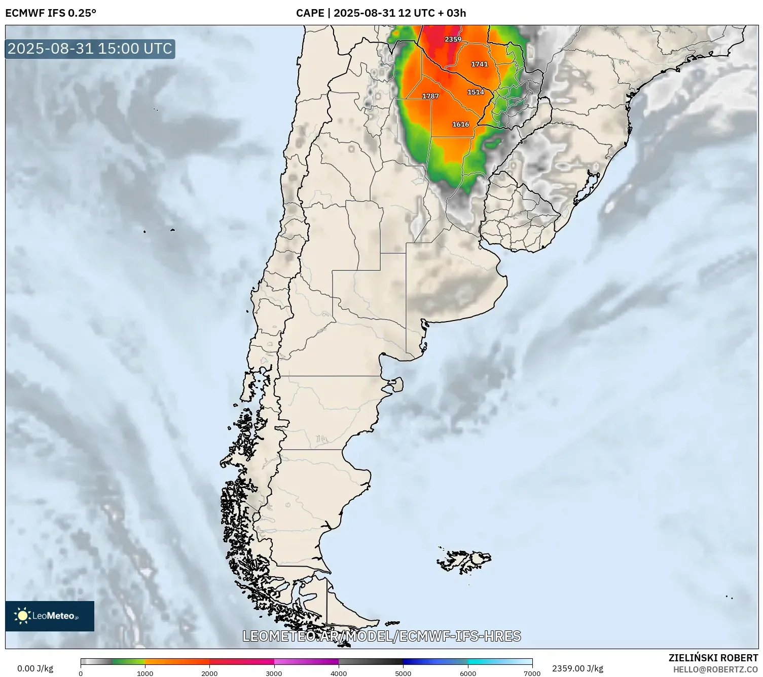 ECMWF IFS 0.25° model - Argentina, CAPE ECMWF IFS 0.25° model - Argentina, CAPE