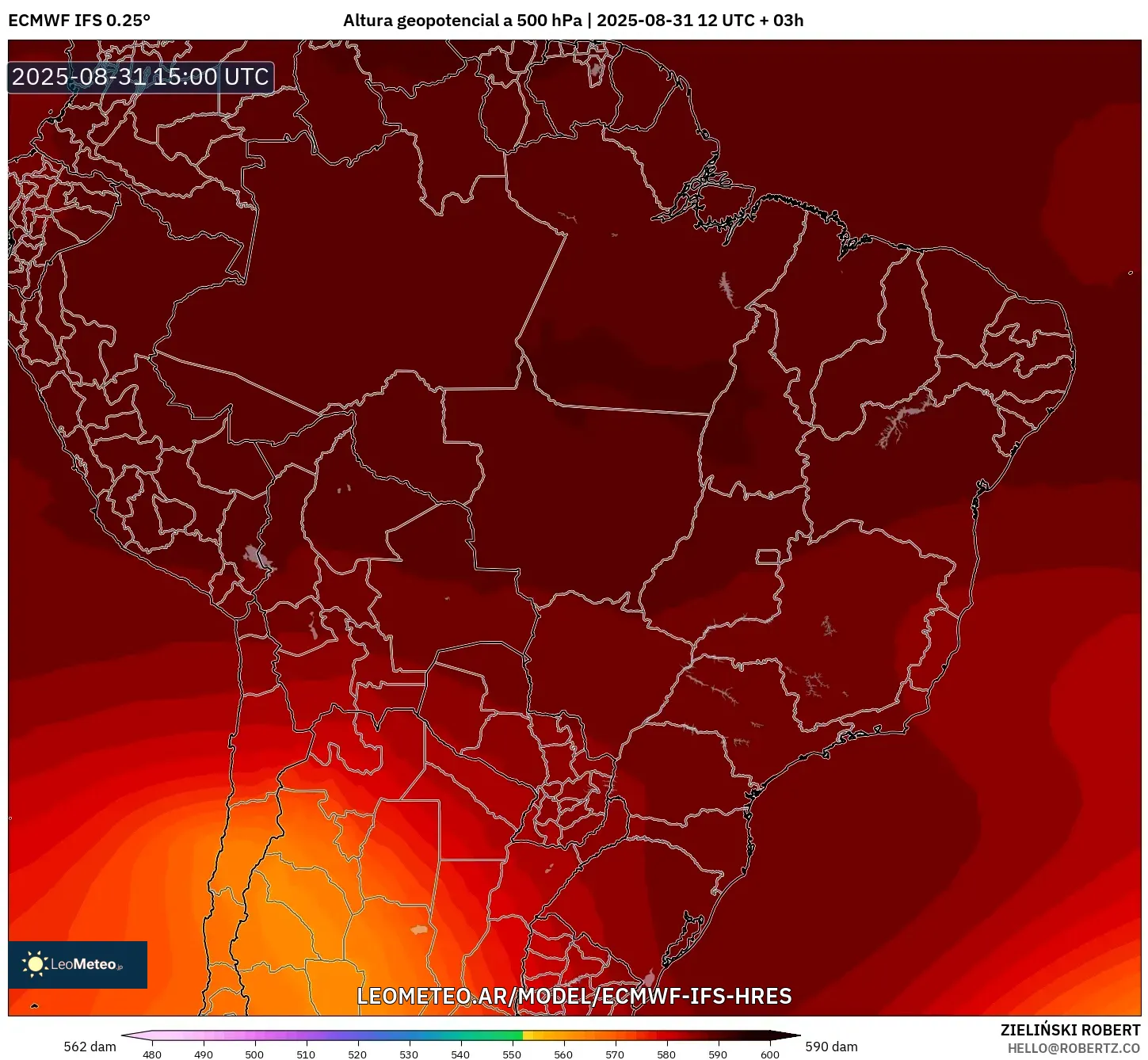 ECMWF IFS 0.25° model - Brasil, Altura geopotencial a 500 hPa ECMWF IFS 0.25° model - Brasil, Altura geopotencial a 500 hPa