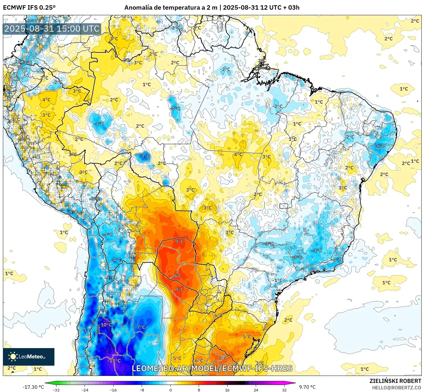 ECMWF IFS 0.25° model - Brasil, Anomalía de temperatura a 2 m ECMWF IFS 0.25° model - Brasil, Anomalía de temperatura a 2 m