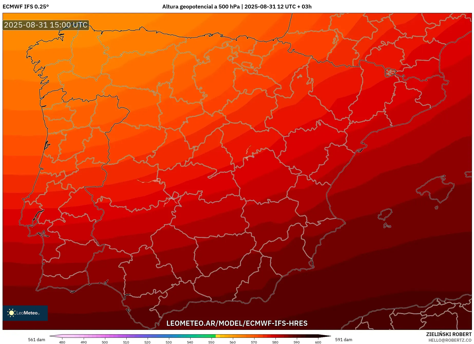 ECMWF IFS 0.25° model - España, Altura geopotencial a 500 hPa ECMWF IFS 0.25° model - España, Altura geopotencial a 500 hPa