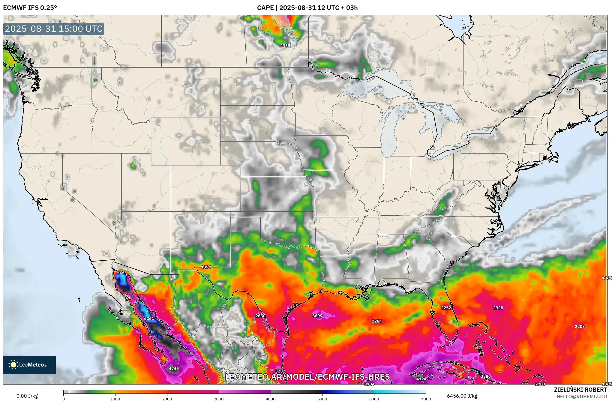 ECMWF IFS 0.25° model - Estados Unidos, CAPE ECMWF IFS 0.25° model - Estados Unidos, CAPE