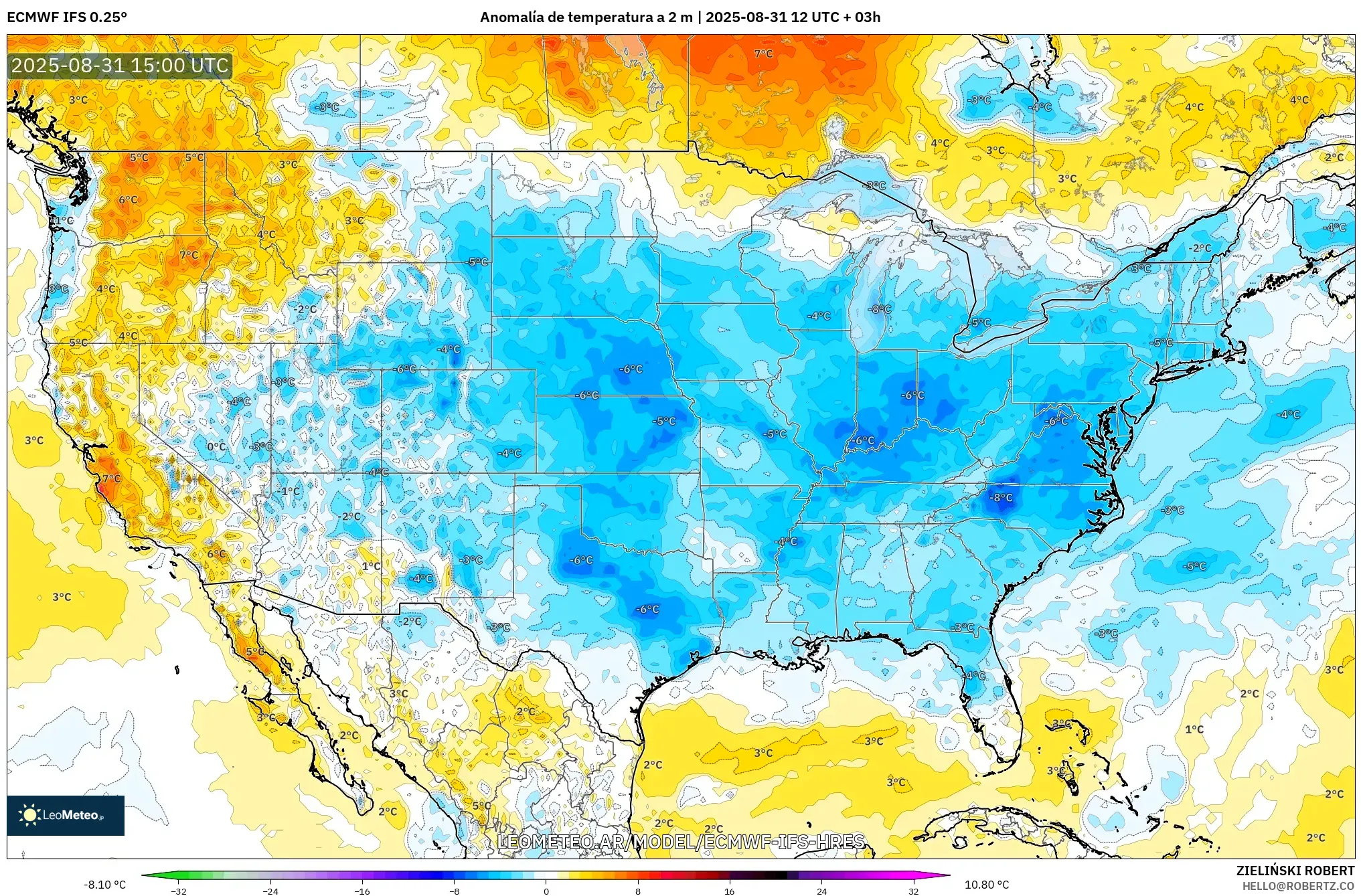 ECMWF IFS 0.25° model - Estados Unidos, Anomalía de temperatura a 2 m ECMWF IFS 0.25° model - Estados Unidos, Anomalía de temperatura a 2 m