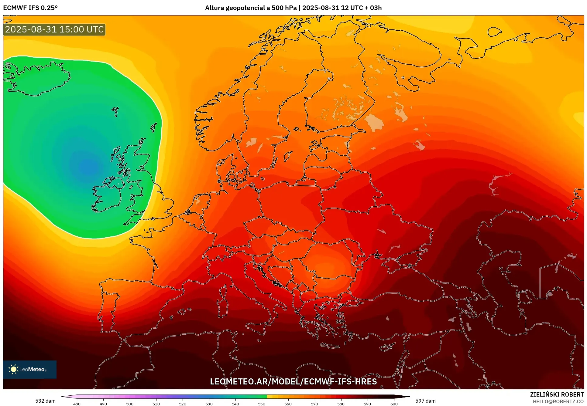 ECMWF IFS 0.25° model - Europa, Altura geopotencial a 500 hPa ECMWF IFS 0.25° model - Europa, Altura geopotencial a 500 hPa