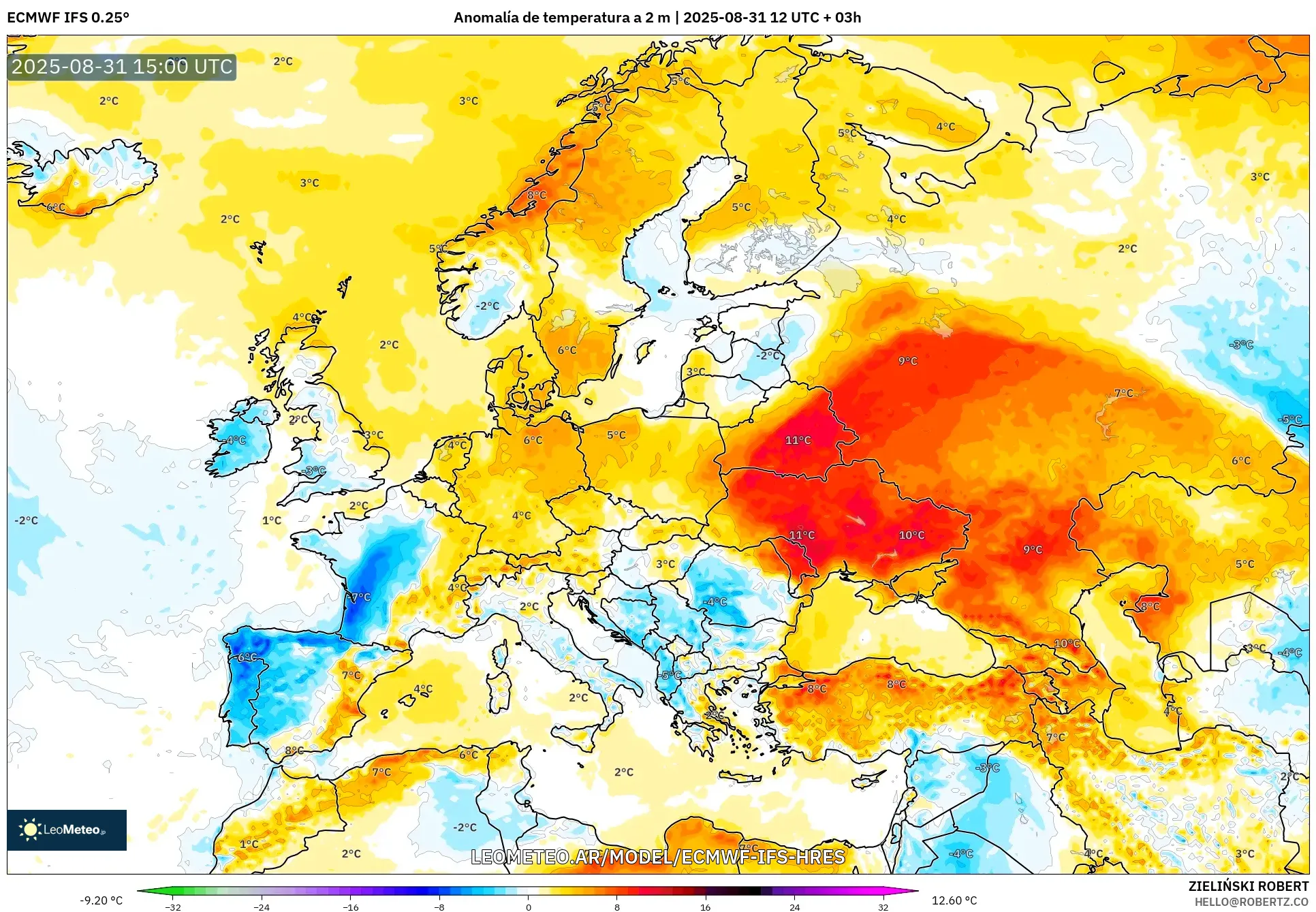 ECMWF IFS 0.25° model - Europa, Anomalía de temperatura a 2 m ECMWF IFS 0.25° model - Europa, Anomalía de temperatura a 2 m